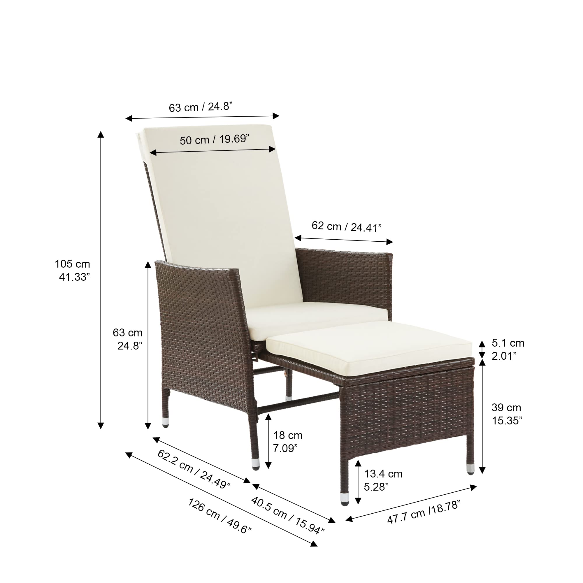 Teamson Home Outdoor PE Rattan Patio Lounge Chair with Ottoman & White Weatherproof Cushions - Brown - Perfect for Patio, Deck, Garden, Poolside, Balcony or Sunroom Relaxation
