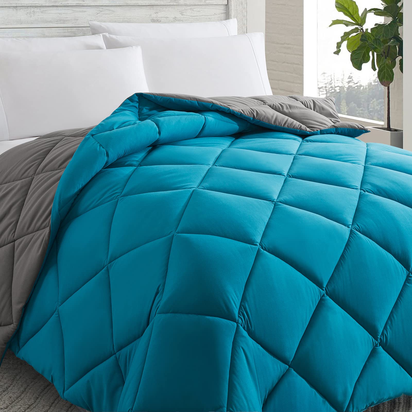 Cosybay Hypoallergenic Down Alternative Comforter - Queen Size (88x92 inches) - All Season Soft Quilted Bedding with Corner Tabs - Lightweight & Breathable for Summer, Warm & Fluffy for Winter - Perfect for Master Bedroom, Guest Room & Dorm - Algiers Blue/Dark Grey