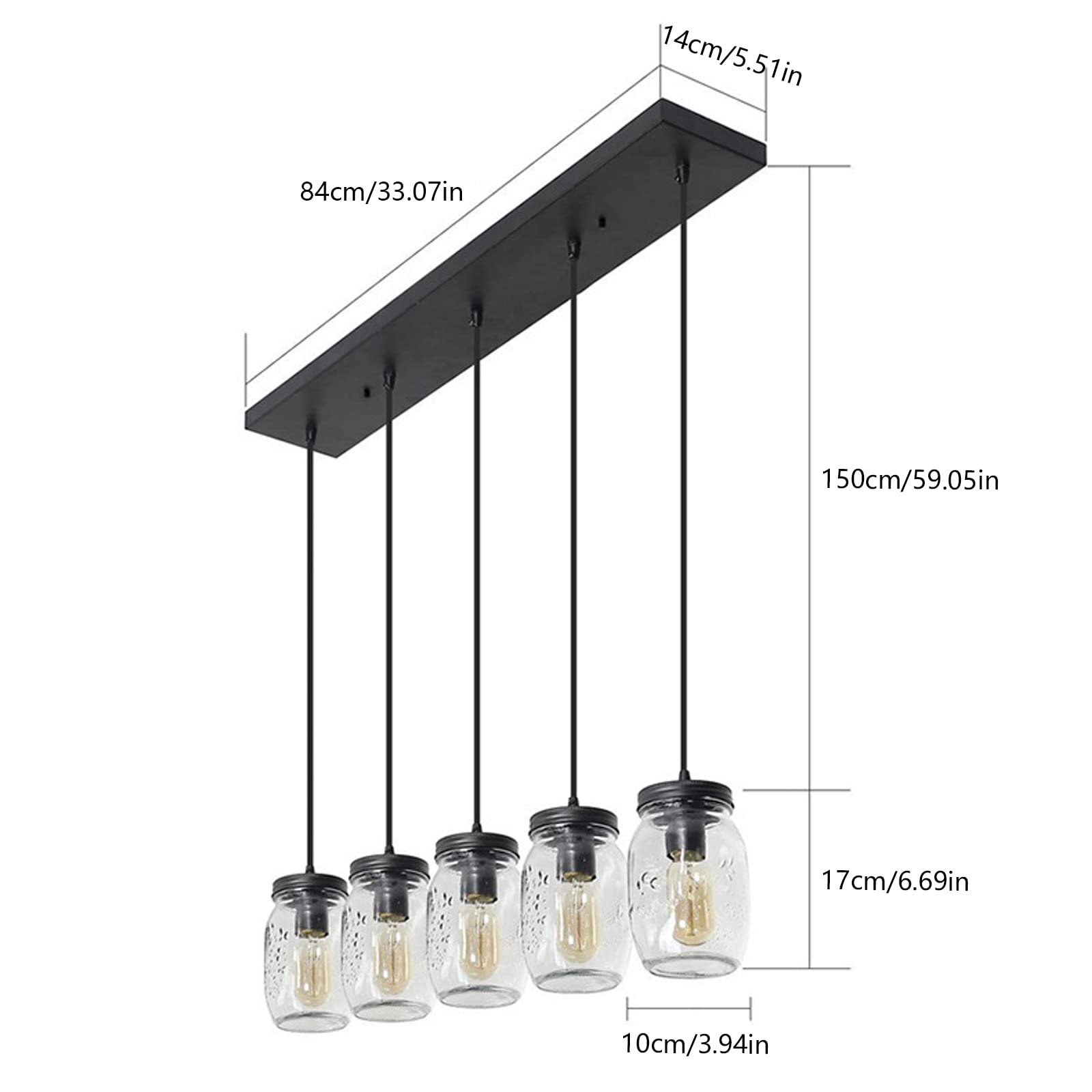 LOYALHEARTDY 5-Light Glass Mason Jar Ceiling Light Fixture - Flush Mount Kitchen Island Pendant Lighting for Kitchen, Living Room, Dining Room, Hallway, Office, Foyer, Bar - E27 Base - Rustic Farmhouse Decor for Home & Commercial Spaces