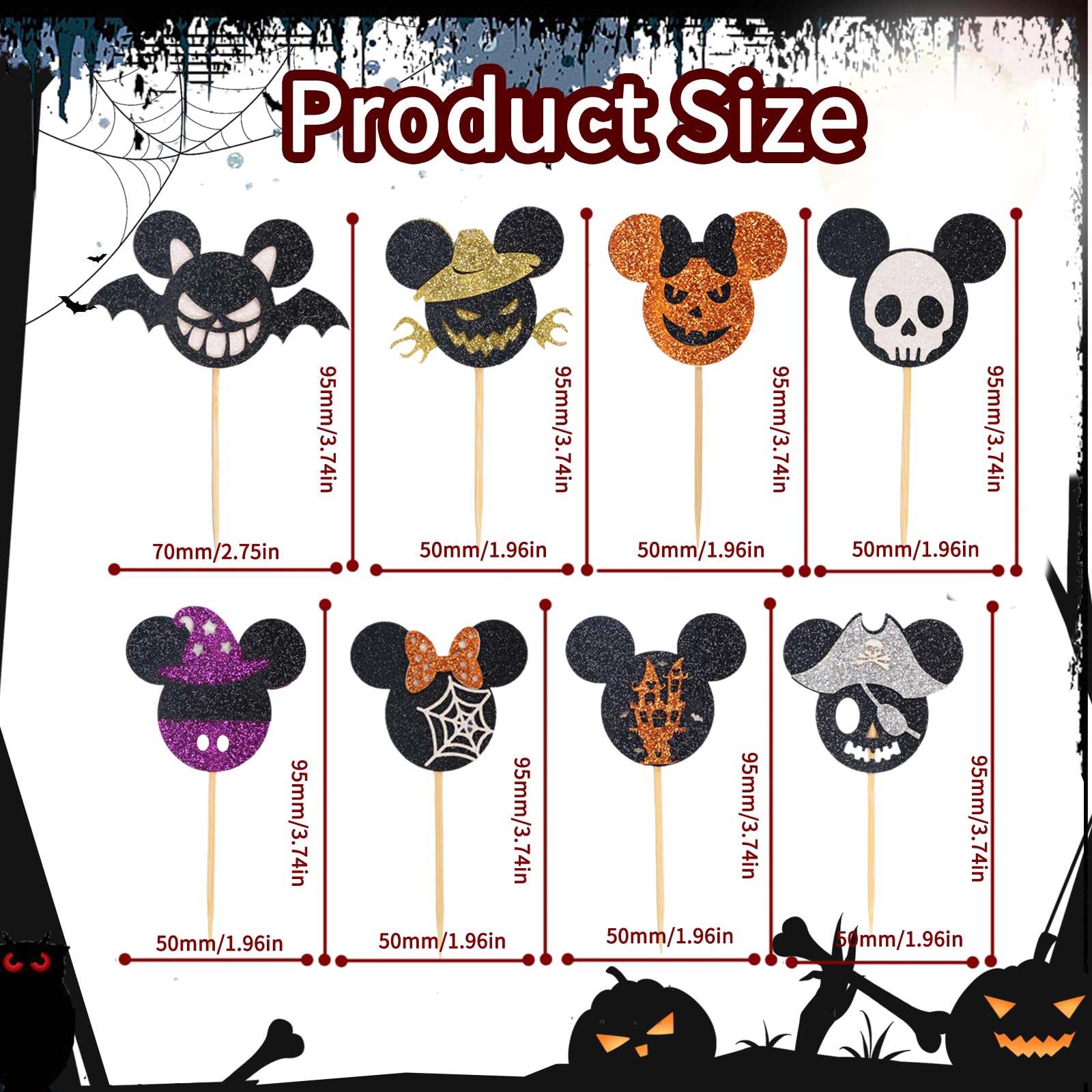 24-Piece Mini Mouse Halloween Cupcake Toppers - Glittery Halloween Cupcake Picks with Spooky Skeleton, Witch Hat, Pirate & Bat Designs - Perfect for Mickey Mouse Halloween Decorations, Baby Showers, Birthday Parties & Themed Events