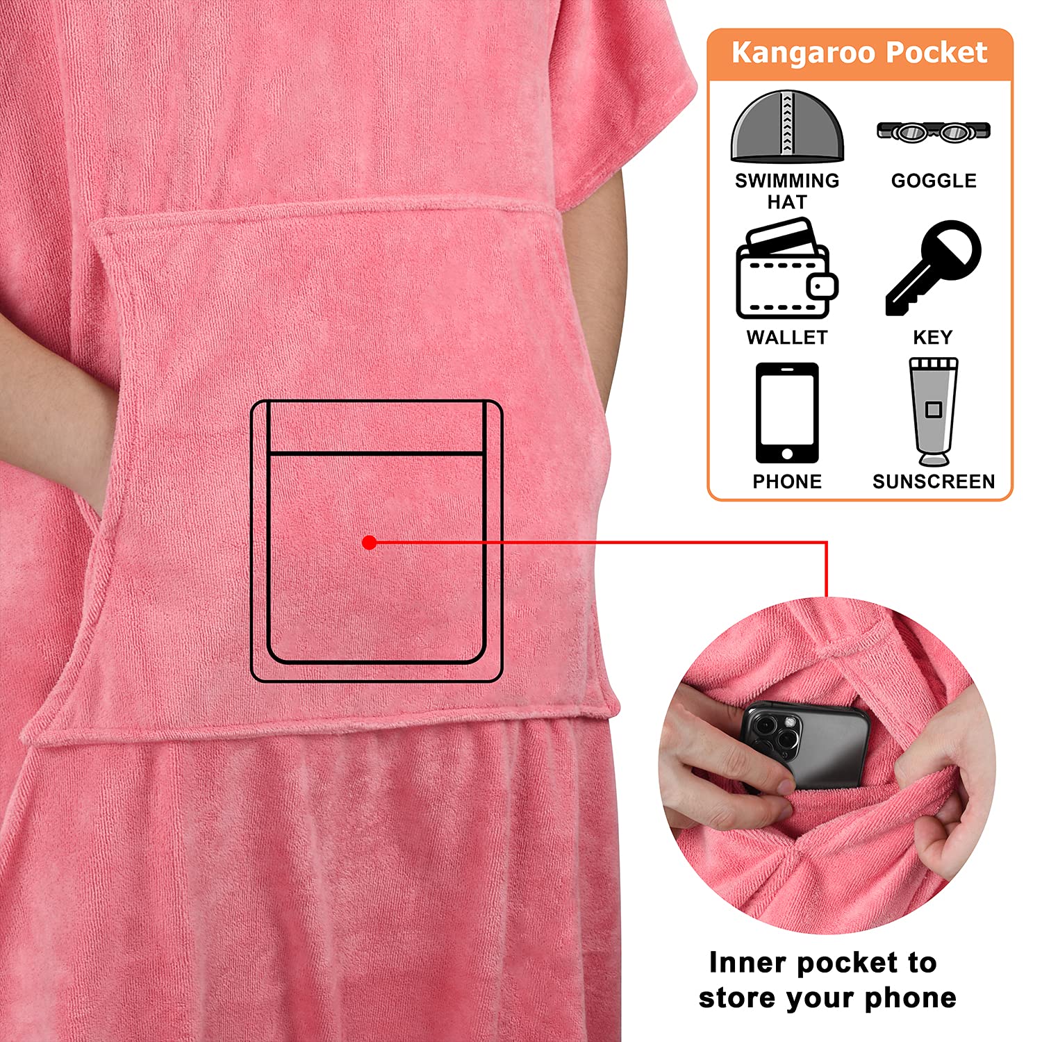 Tirrinia Surf Beach Changing Towel with Hood - Super Absorbent Microfiber Swim Robe Poncho for Men & Women - Quick Dry Bath Shower Pool Cover-Up - Perfect for Beach, Swimming, Surfing & Travel (Pink)