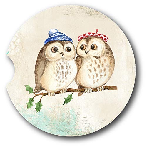 Winter Owl Car Coasters Set of 2 - Absorbent Sandstone Cup Holders for Hot & Cold Drinks - Perfect for Cars, Trucks & SUVs - Cute Owl Design Prevents Spills & Stains