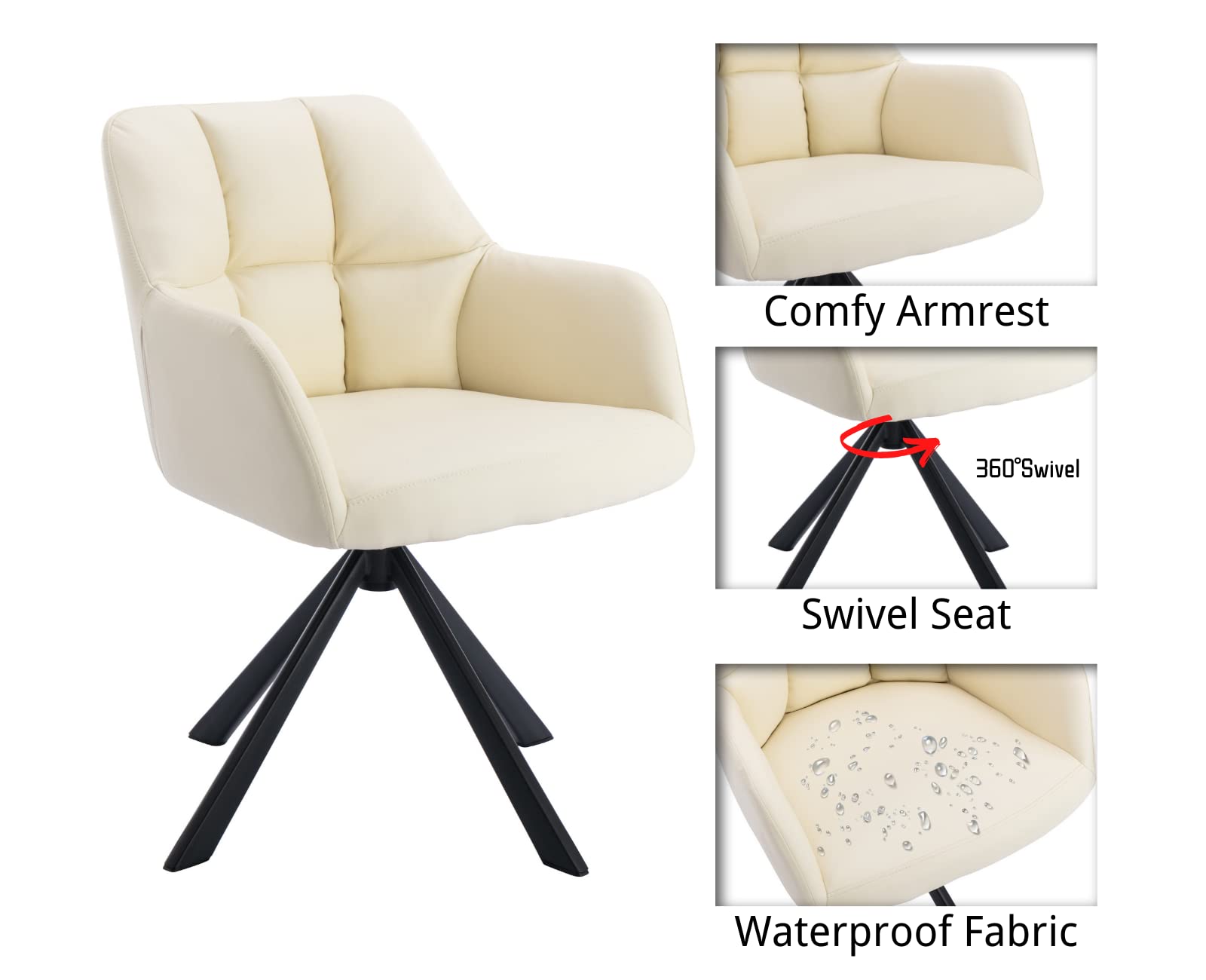 Shunzhi Ergonomic Swivel Desk Chair - PU Leather Accent Chair Without Wheels, Mid-Back Computer Task Chair with Arms for Small Spaces, Upholstered Reading Vanity Chair for Home Office, Living Room & Bedroom (Beige) - Perfect for Working, Studying & Relaxing