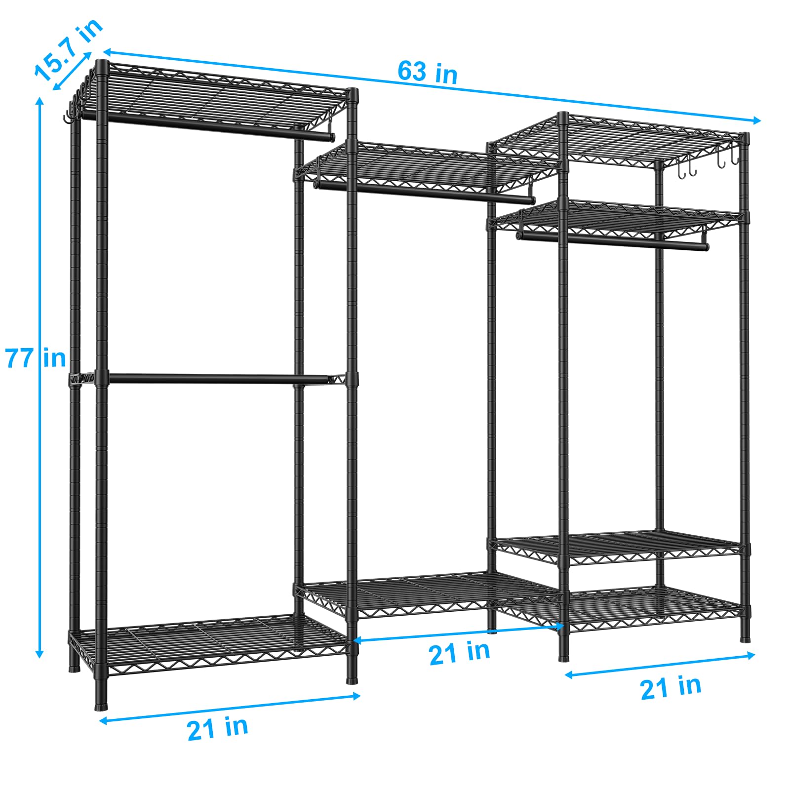 Ulif E13 Heavy Duty Clothes Rack with 4 Hanger Rods & 8 Shelves - Freestanding Adjustable Metal Garment Rack (63