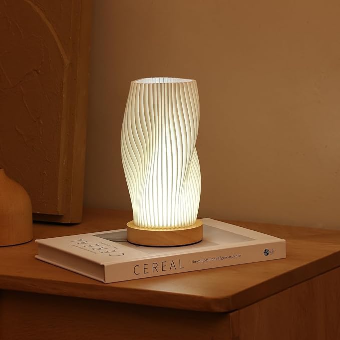 Wood Base Bedside Lamp - 12-Level Dimmable Nightstand Light with PLA Shade, Button Control Table Lamp for Bedroom, Living Room & Kids Room (White, Medium) - Perfect for Reading, Relaxing & Nighttime Ambience
