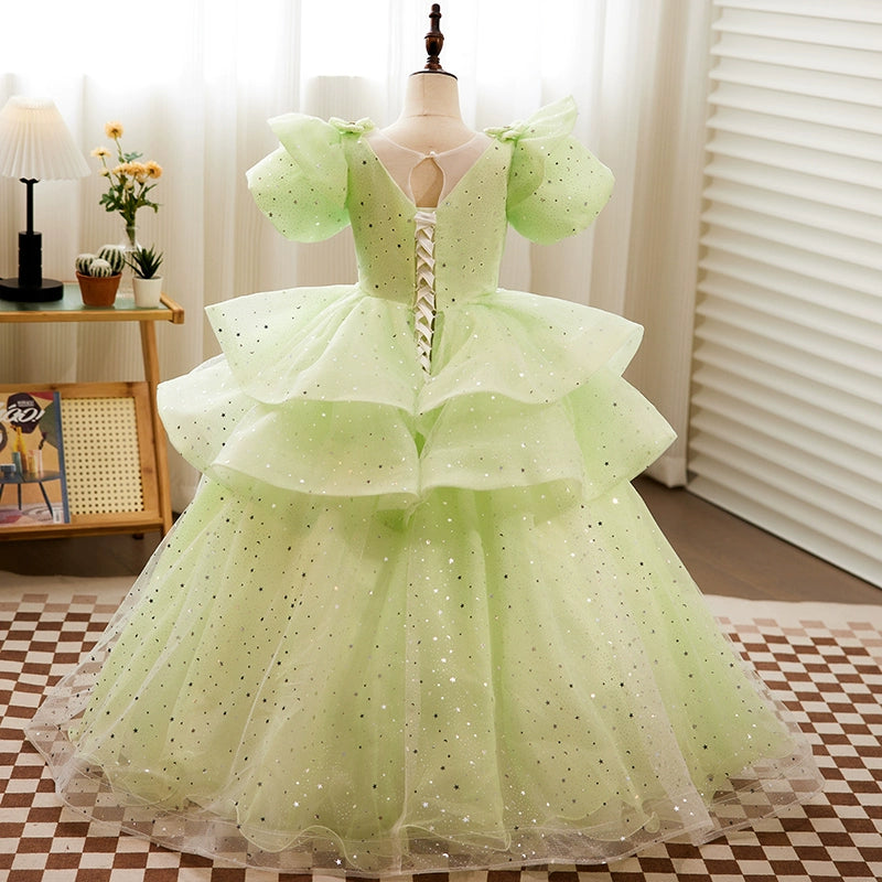 Sage Green Princess Round Floor Length Organza Flower Girl Dress for Weddings, Bridal Parties & Special Occasions
