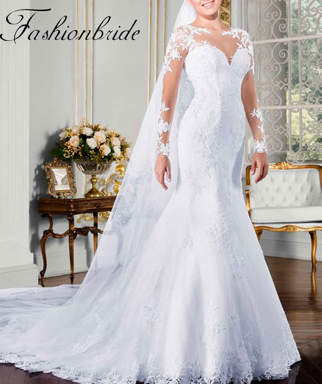 2024 Elegant Long Sleeve Mermaid Wedding Dress with Sheer Back - Romantic Bridal Gown for Women - Perfect for Beach, Church, and Formal Wedding Ceremonies