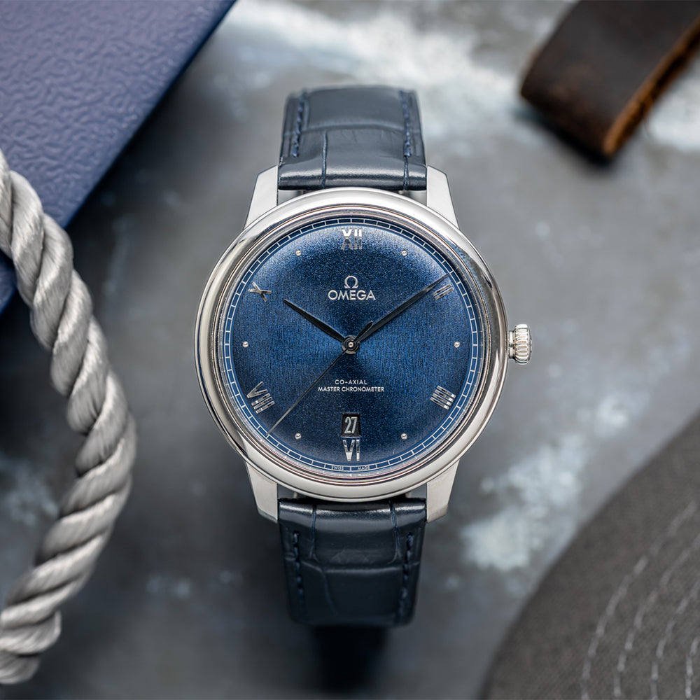Omega De Ville Prestige Co-Axial Master Chronometer 40mm Men's Watch - Blue Dial with Genuine Leather Strap - Luxury Dress Watch for Business, Formal Occasions & Special Events