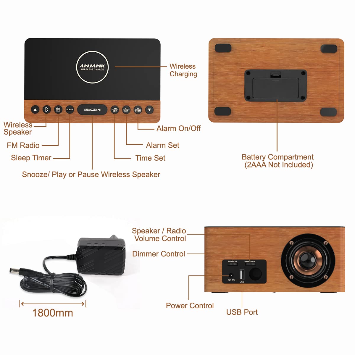 Premium Wooden Bluetooth Speaker Alarm Clock with FM Radio, Wireless Charging for iPhone & Samsung, USB Port, Dimmable Display, Sleep Timer - Digital Wooden Bedside Clock for Bedroom, Office & Travel
