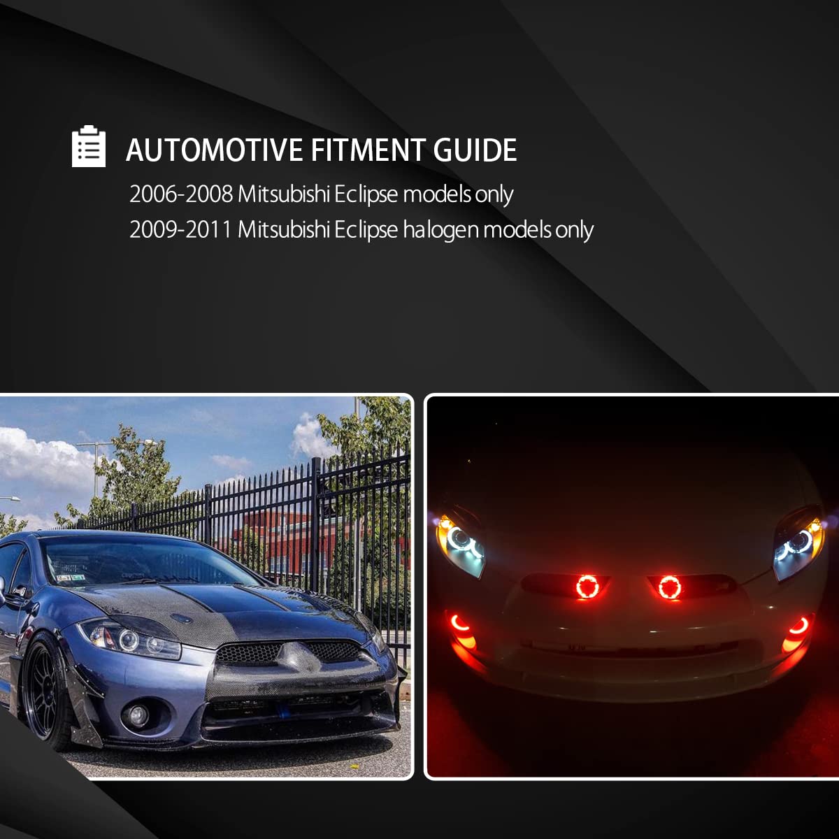 AUTOZENSATION LED Projector Headlights Compatible with 2006-2012 Mitsubishi Eclipse - Left & Right Pair Headlamp Assembly with Halo Eyelid, Glossy Black Housing & Smoke Lens - Upgrade for Night Driving & Custom Car Styling