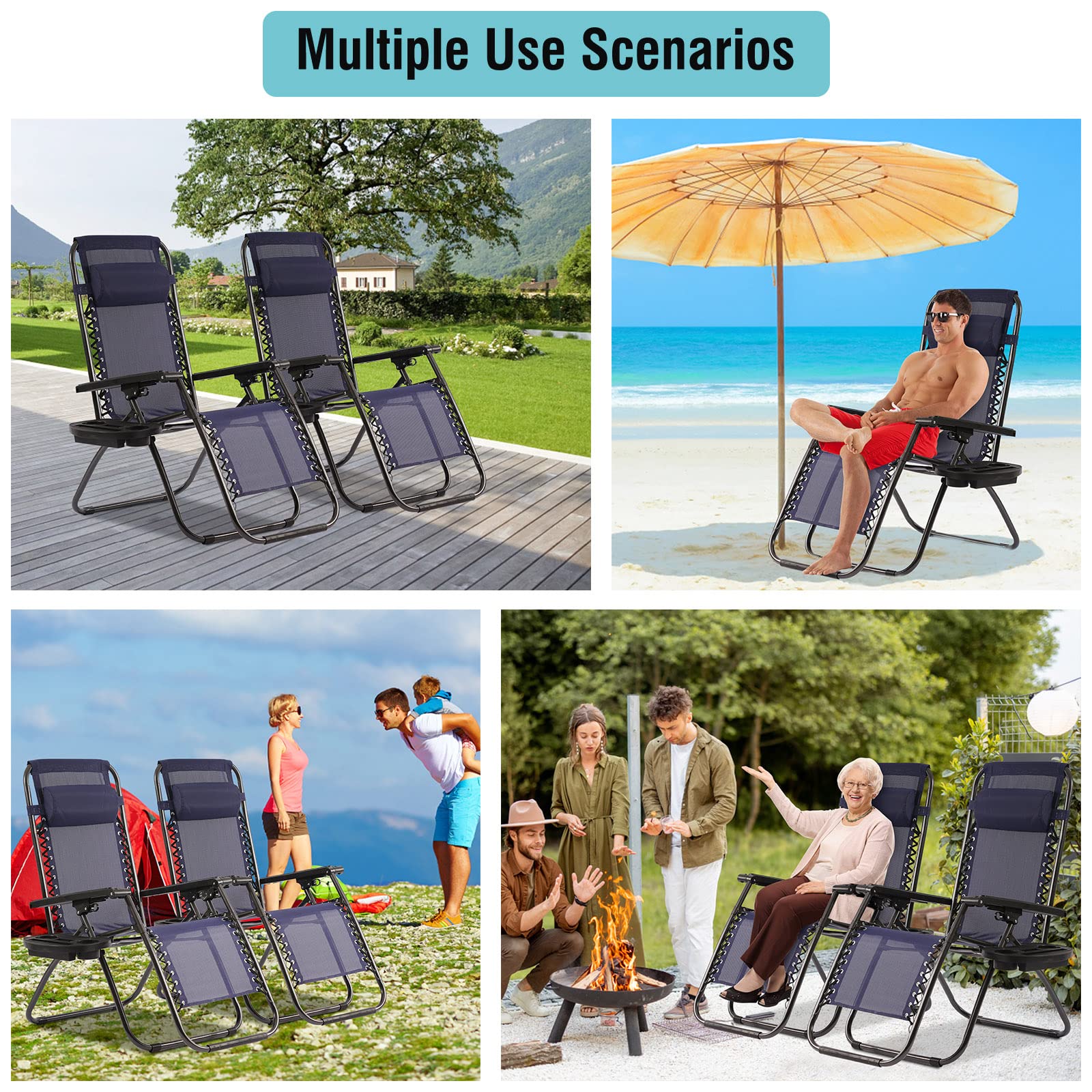 Premium Zero Gravity Lounge Chair Set of 2 - Adjustable Outdoor Recliners with Pillow & Utility Tray - Patio, Poolside, Beach, Camping & Deck Chairs - Perfect for Relaxing, Sunbathing & Backyard Lounging (Blue)