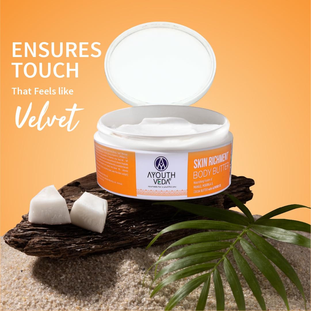 Ayouthveda Skin Richment Body Butter - Cocoa Moringa & Mango Butter with Almond Oil | All-Day Non-Sticky Moisturizer for Men & Women | 200g | Perfect for Dry Skin, After Shower Hydration & Daily Skincare Routine