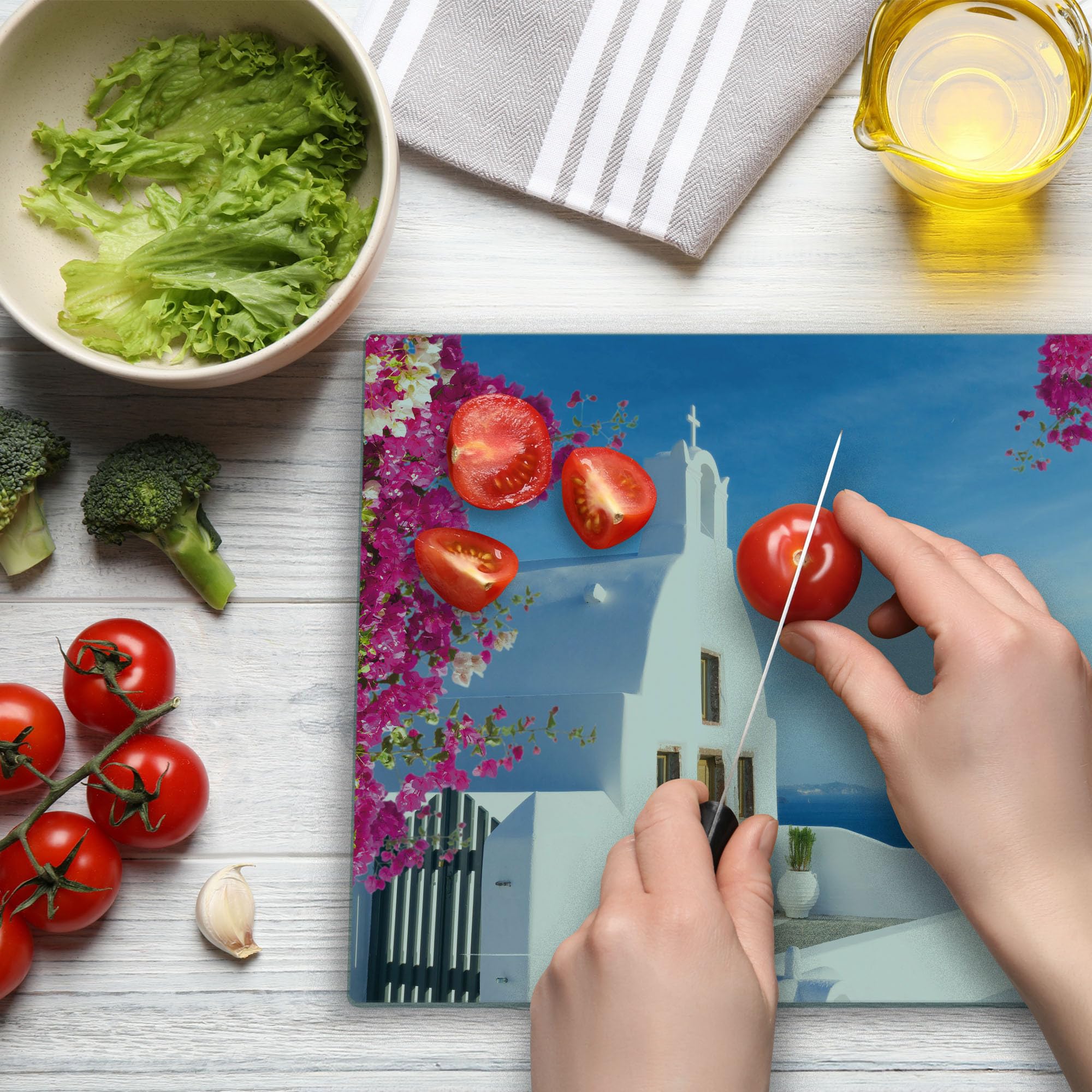 Lunarable Tempered Glass Cutting Board - Santorini Island Greek Mediterranean Sea Coast Design - Large Decorative Serving Board for Kitchen, Travel & Picnics - Hot Pink, White & Sky Blue - Perfect for Entertaining, Camping & Gifts
