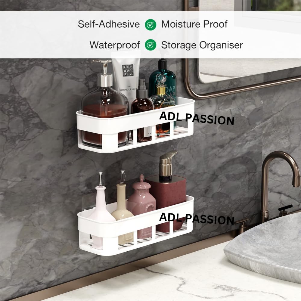 ADL PASSION White Wall Mounted Bathroom Shelf - Self Adhesive Plastic Shower Organizer for Toiletries, Cosmetics & Essentials - Perfect for Small Bathrooms, Showers & Vanities (Waterproof & Space-Saving)