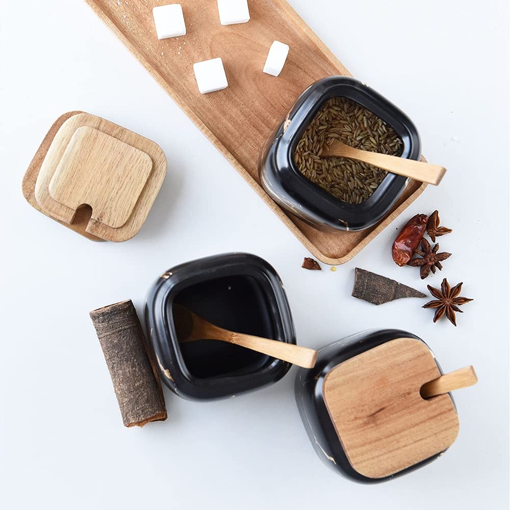 Premium Ceramic Salt and Spice Jar Set - 4-Piece Kitchen Seasoning Containers with Lids & Spoons - Elegant Storage for Salt, Pepper, Herbs - Perfect for Cooking, Baking & Dining Table Decor