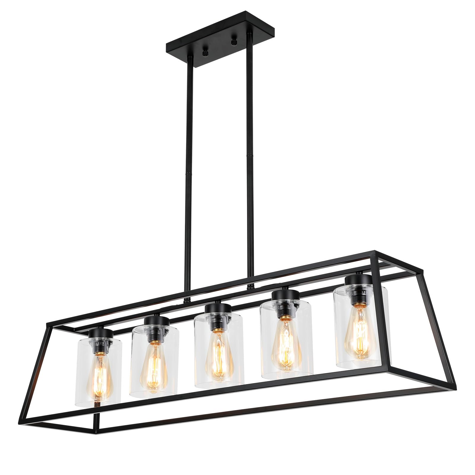 5-Light Black Farmhouse Chandelier for Kitchen Island & Dining Room - Rectangle Pendant Lighting with Clear Glass Cylinders - Perfect for Kitchen Counter, Breakfast Nook & Farmhouse Dining Areas