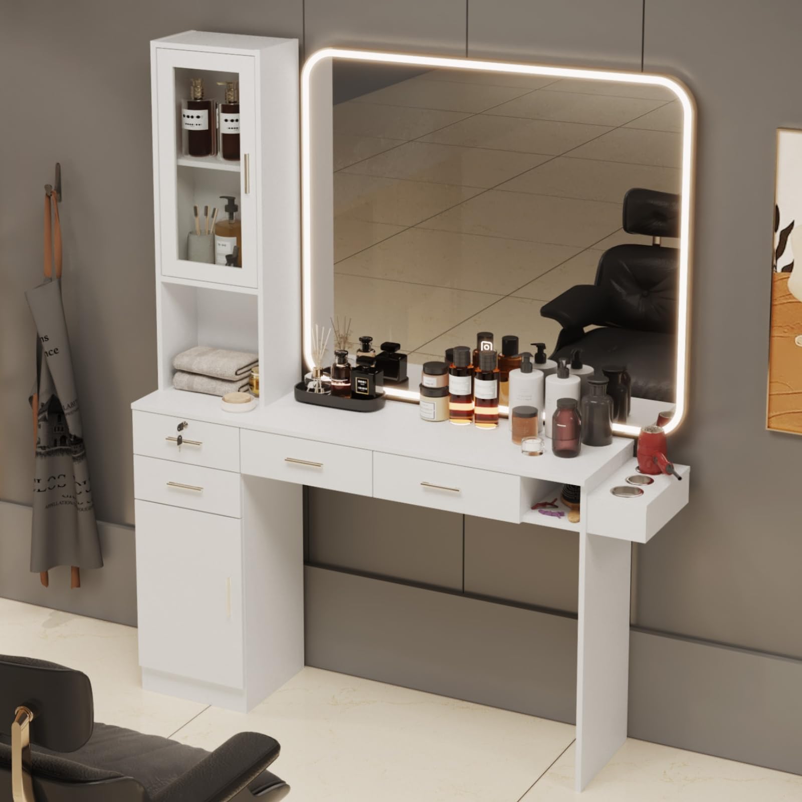 Professional Barber Salon Station with Hair Dryer Holder, Storage Drawers & Open Shelves - Wall Mounted Beauty Spa Furniture for Hair Styling (White) - Perfect for Home Salons, Barber Shops & Beauty Spas
