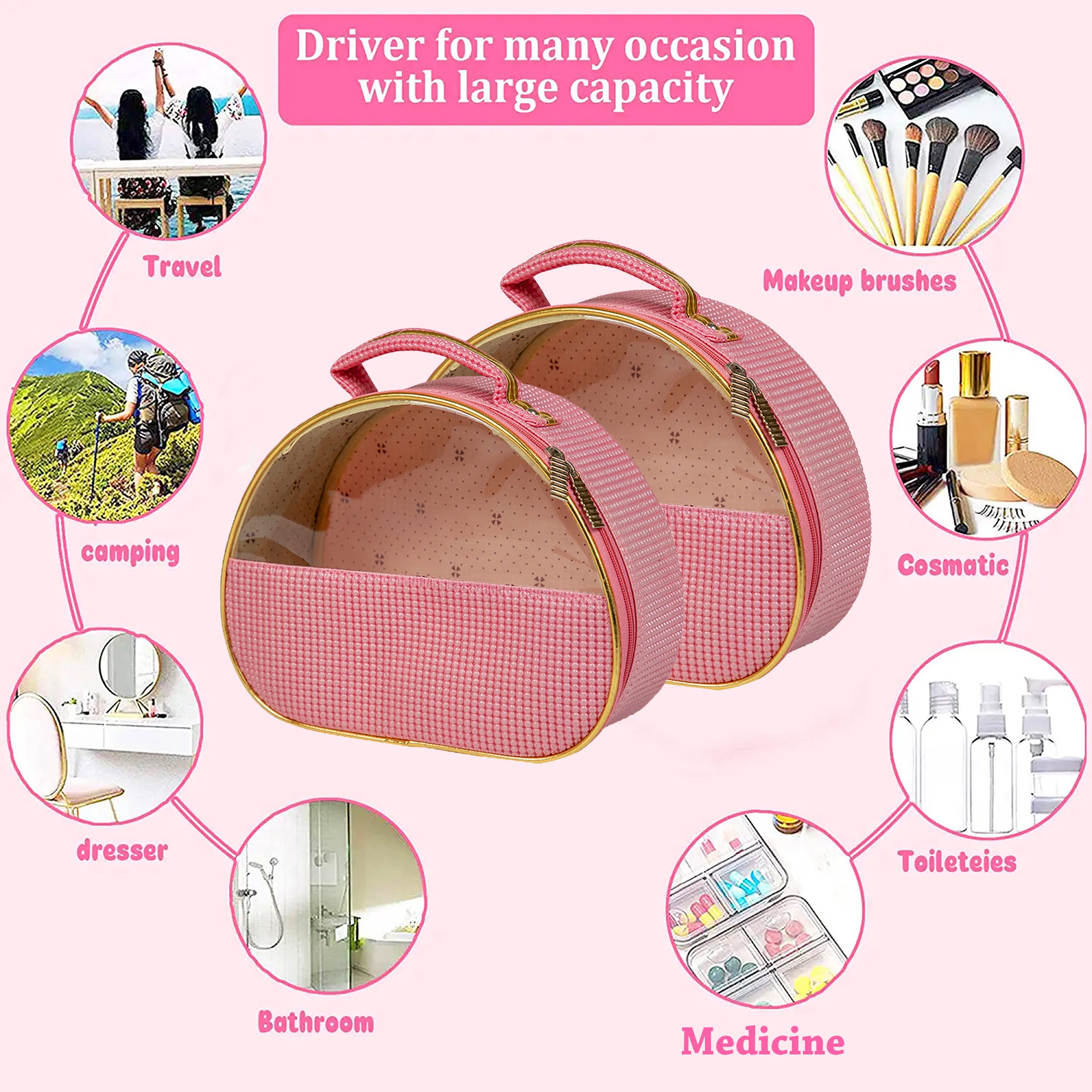Atorakushon Fabric Travel Pouch Set - 2 Pack Pink Zippered Cosmetic Organizer Bags (Different Sizes) | Waterproof Toiletry Kit for Men & Women | Perfect for Makeup, Jewelry, Travel Essentials & Daily Use at Home, Gym, or Vacation