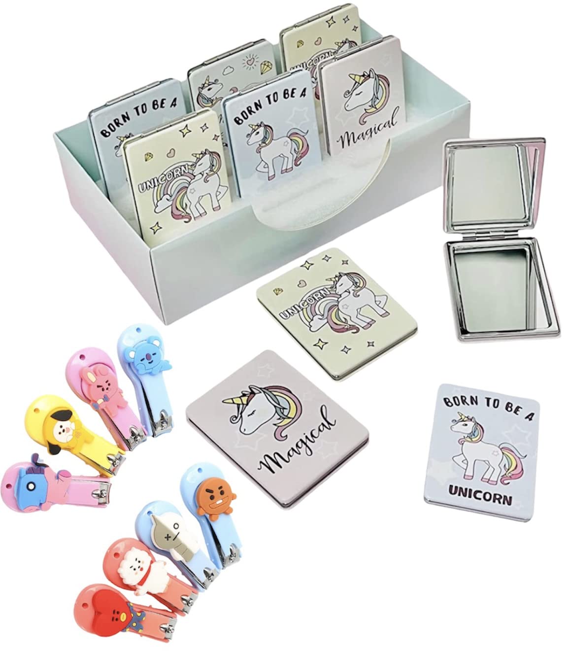Portable Unicorn Folding Mirror (2 Pack) - Cute Cartoon Printed Compact Cosmetic Mirror with Nail Clipper - Perfect Gift for Girls & Teens - Great for Travel, Makeup, and School Essentials