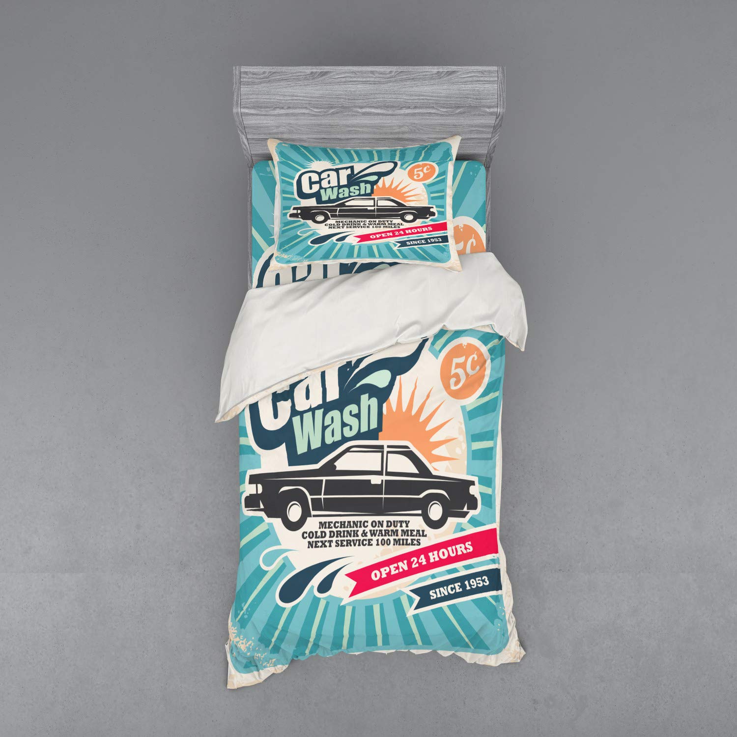 Ambesonne Vintage Retro Car Wash Bedding Set - 3 Piece Duvet Cover with Sham & Fitted Sheet, Twin XL Size, Auto Service Repair Poster Style Art in Multicolor | Perfect for Teen Boys Room, Man Cave Decor & Retro Themed Bedrooms