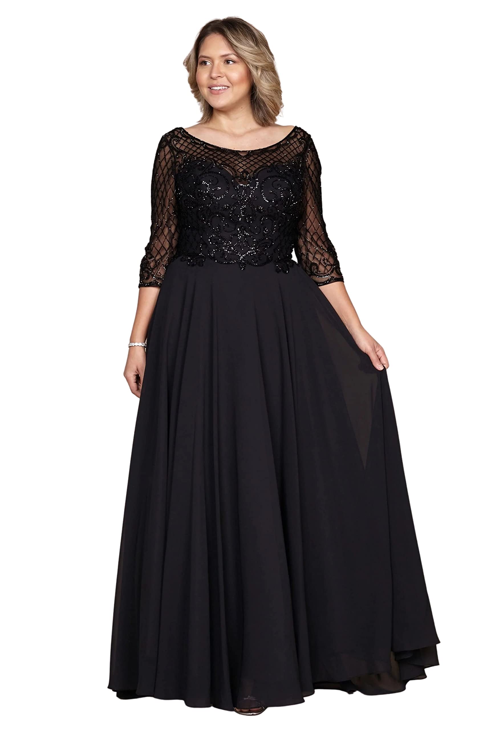 Elegant Plus Size Mother of The Bride Dress - Long Sleeve Beaded Formal Evening Gown for Weddings, Parties & Special Occasions