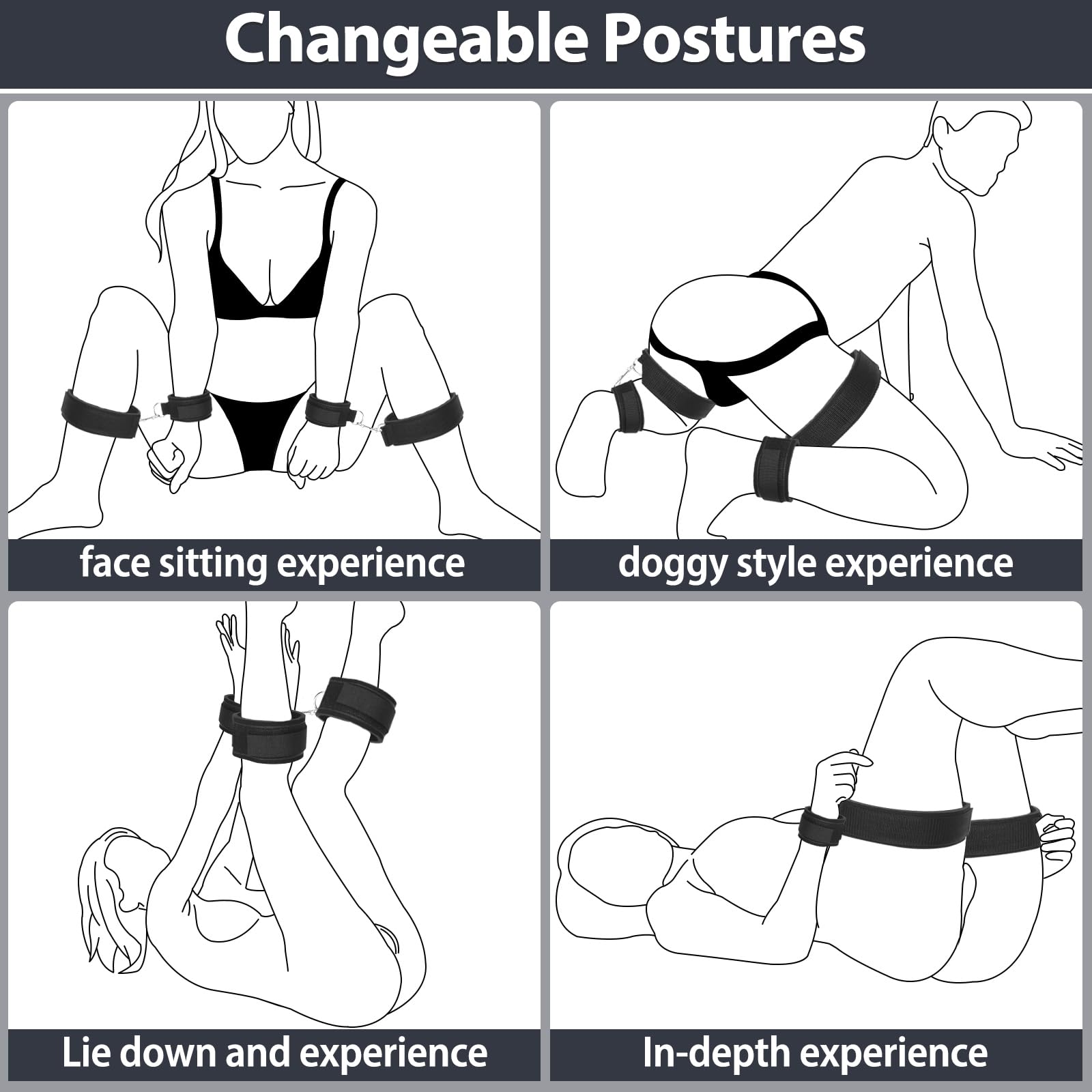 BDSM Bondage Wrist & Thigh Cuffs Set - Adjustable Restraints with Feather Tickler, Nipple Clamps & Blindfold - Adult Couples SM Toys for Men & Women - Perfect for Spicing Up Your Bedroom Play & BDSM Exploration
