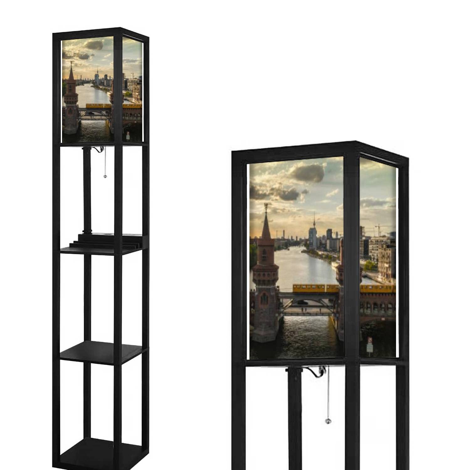 Oberbaum Bridge Berlin Floor Lamp with Shelves - Modern Standing Lamp with USB Ports & Power Outlet, Linen Fabric Shade - Tall Corner Lamp for Living Room, Bedroom & Office | Perfect for Reading, Working & Home Decor