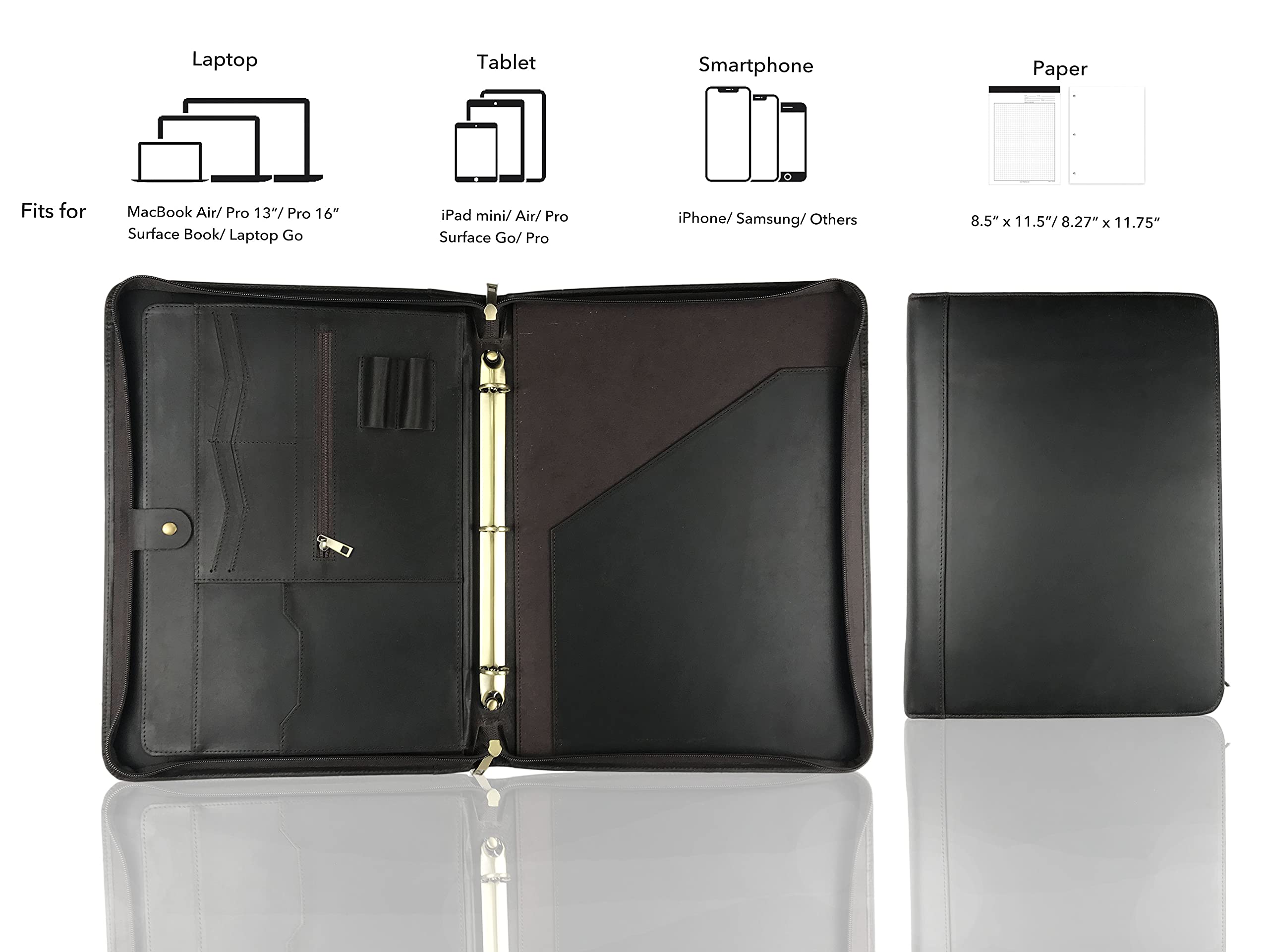 Premium Genuine Leather Portfolio for Men - Personalized Zipper Padfolio with 3-Ring Binder, Fits 13