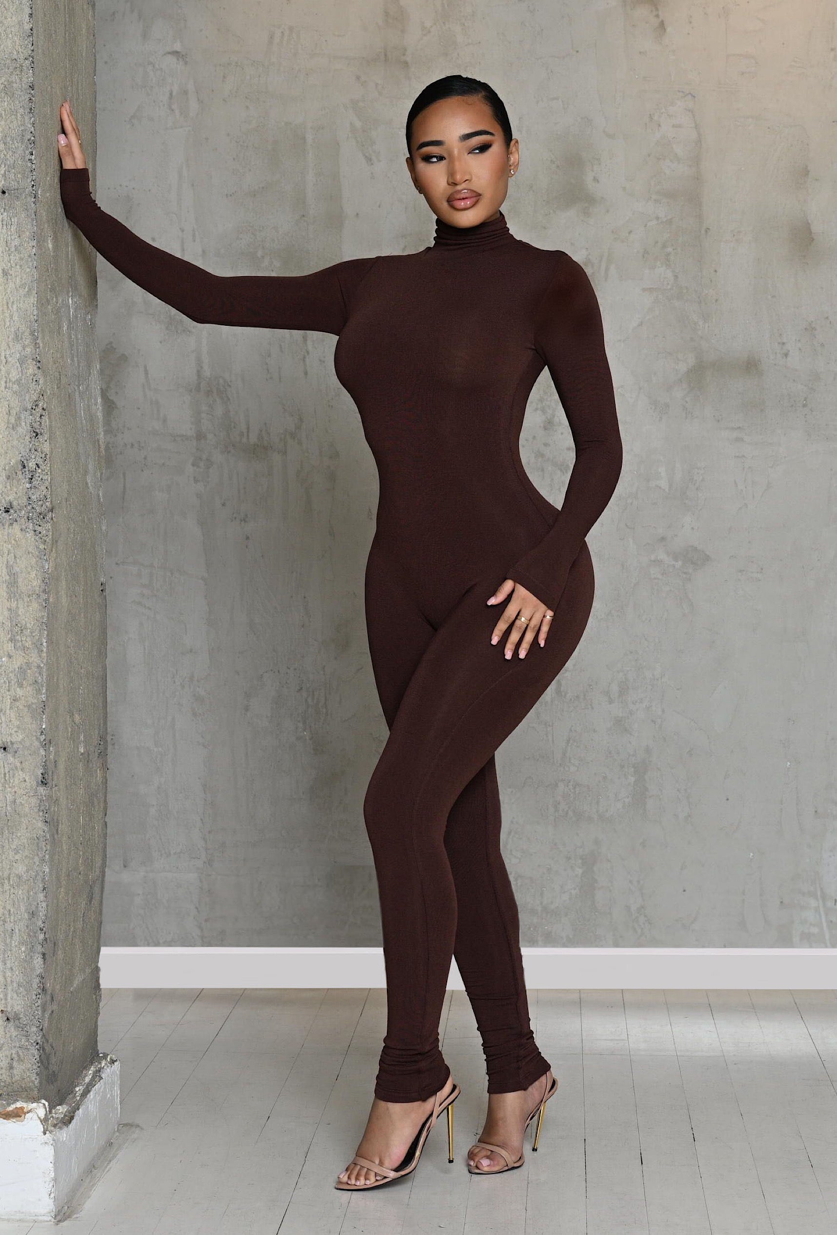 Matte Basix Sculpted High Neck Jumpsuit for Women - Chocolate Brown Bodysuit | Perfect for Casual Outings, Date Nights & Layered Winter Fashion