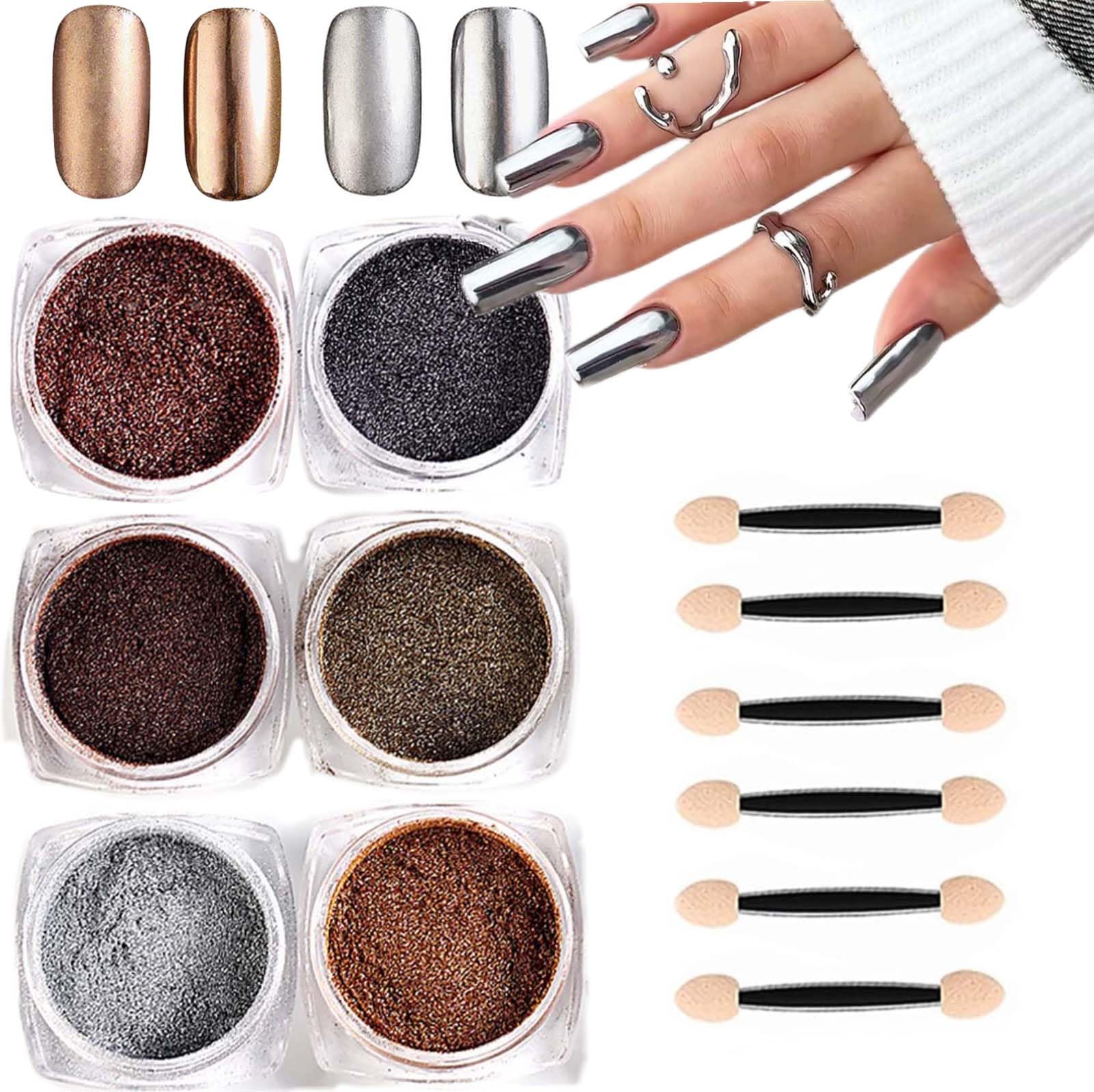 6 Boxes Chrome Nail Powder Set - Metallic Mirror Effect Nail Art Powder in Gold, Bronze, Silver, Black & Brown | Holographic Glitter for Gel Polish | DIY Salon & Home Manicure | Perfect for Parties, Weddings & Special Occasions