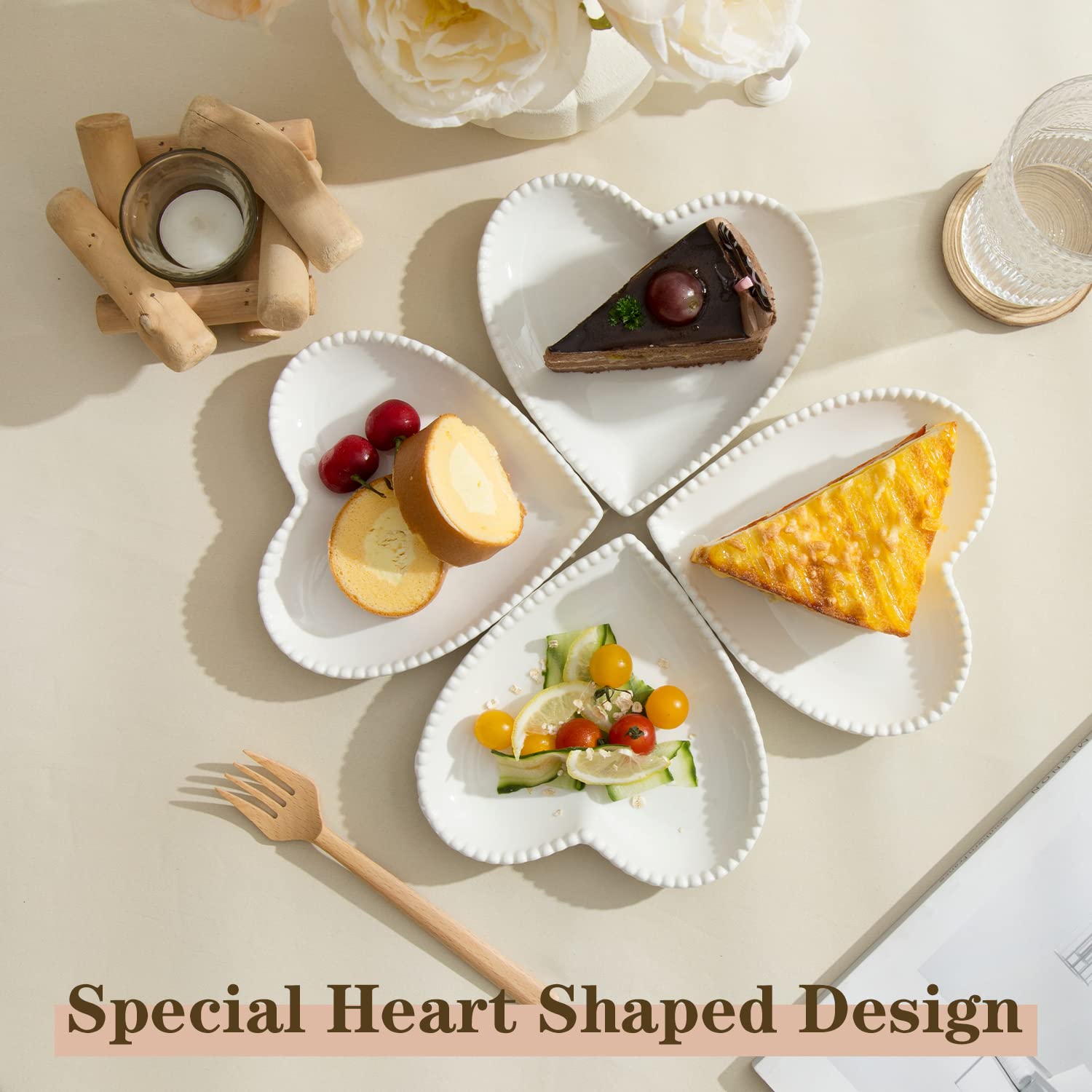 6.3 Inch White Heart-Shaped Porcelain Appetizer Plates - Set of 10 Small Dinner Plates for Dessert, Salad, Cake, Snack & Ice Cream - Microwave, Oven & Dishwasher Safe - Perfect for Valentine's Day, Bridal Showers & Romantic Dinners