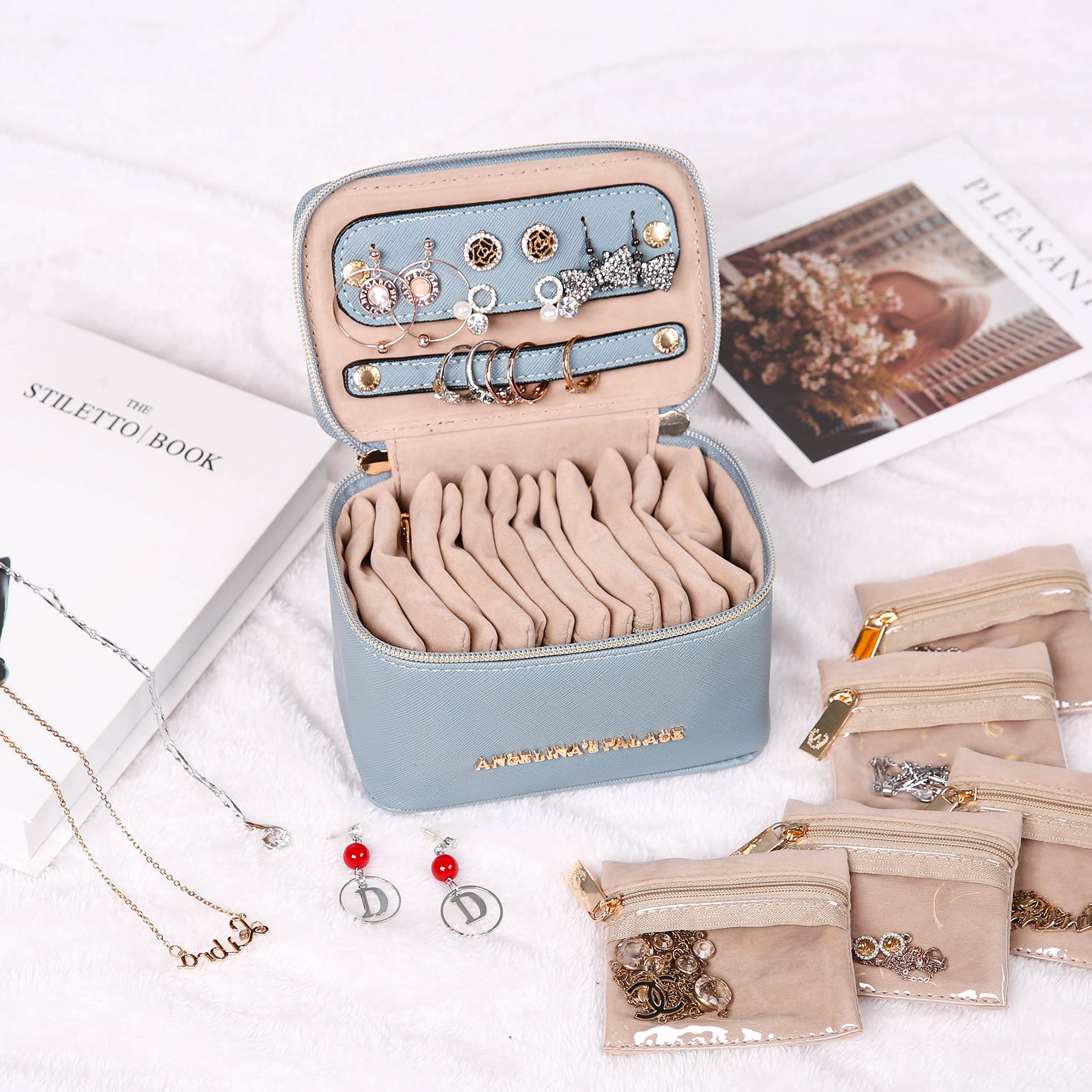 Angelina's Palace Jewelry Organizer Case - Vegan Leather Travel Jewelry Box for Necklaces, Earrings, Bracelets & Rings - Perfect Bridesmaid Gift & Jewelry Storage Solution (Pearl Blue) - Ideal for Travel, Home Organization & Wedding Accessories