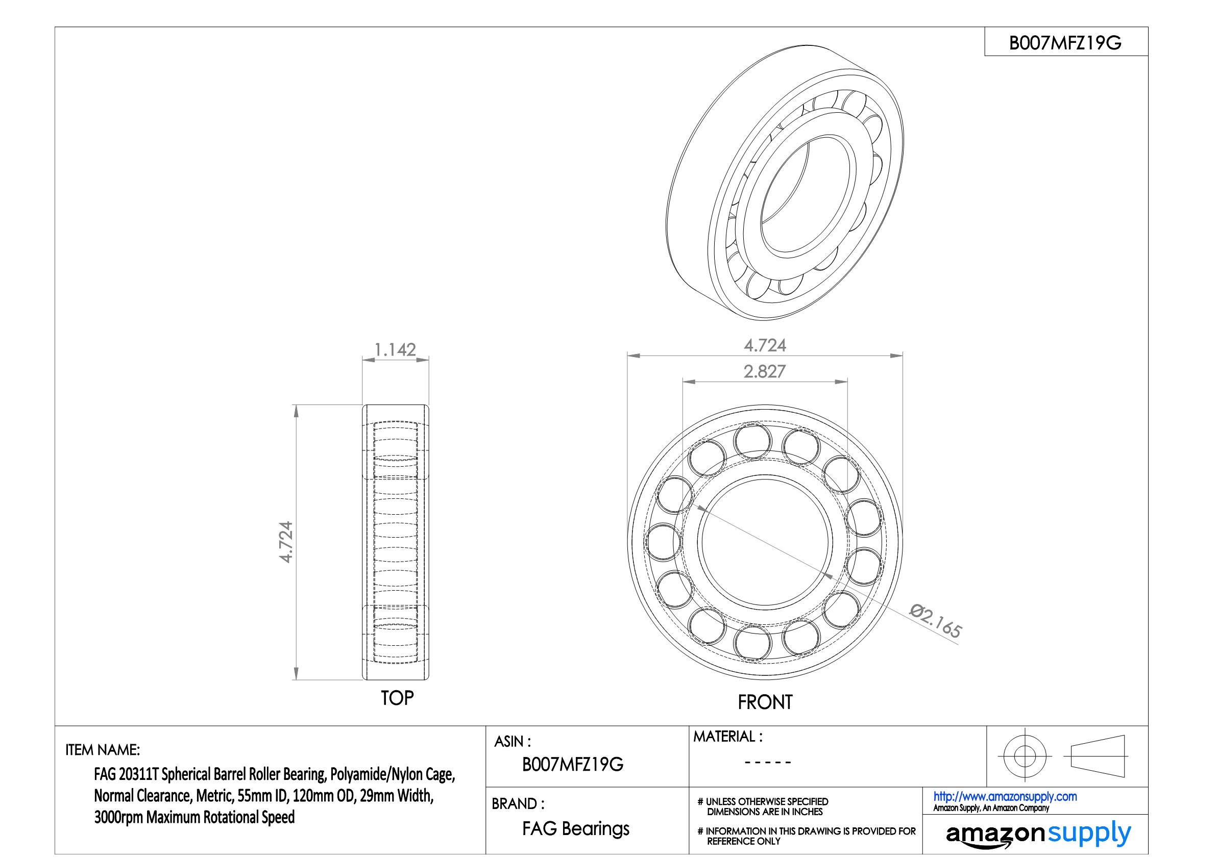20311T Spherical Barrel Roller Bearing - Polyamide/Nylon Cage, Normal Clearance, Metric Size (55mm ID x 120mm OD x 29mm Width) - 3000 RPM High Speed - Ideal for Industrial Machinery, Heavy Equipment & Automotive Applications