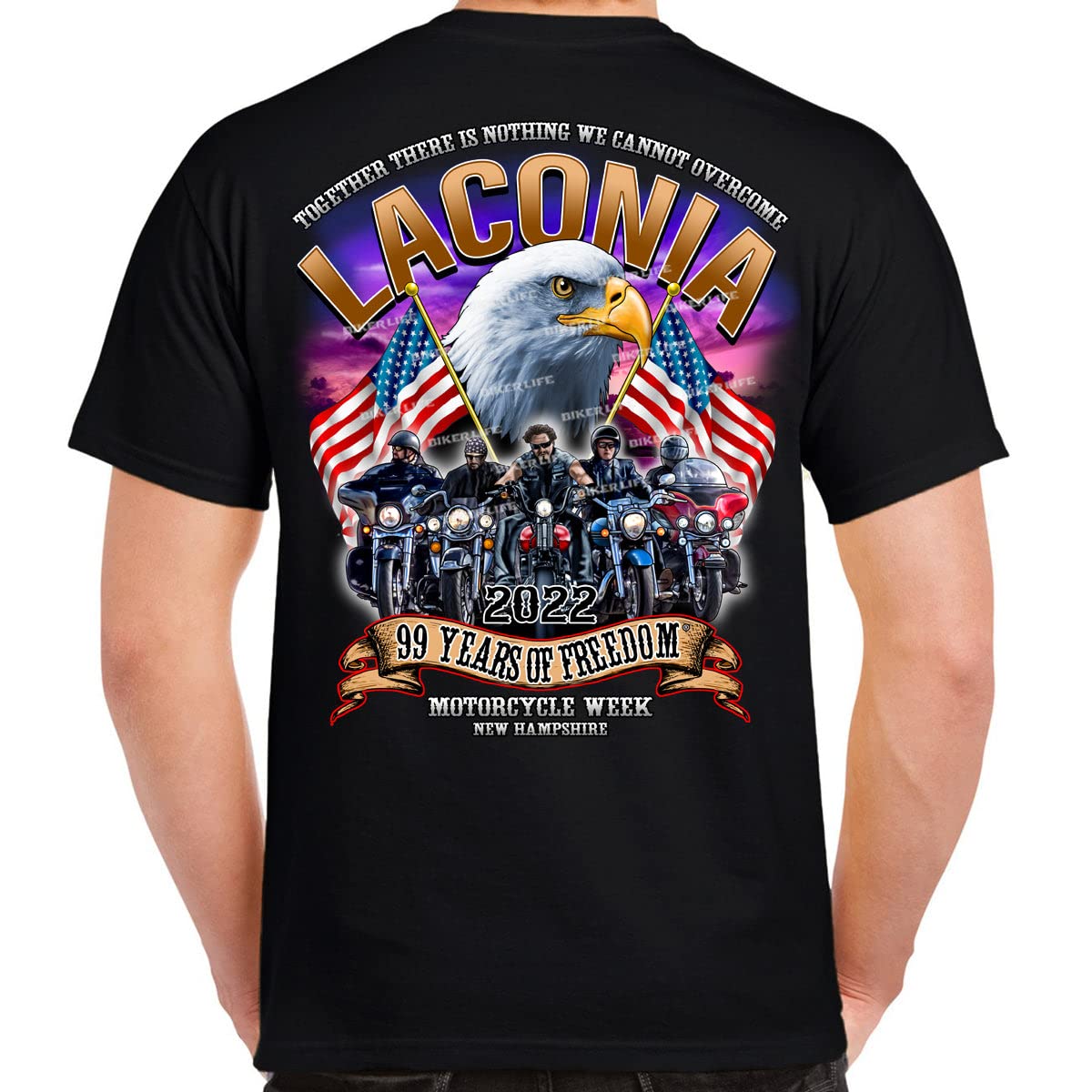 Biker Life Clothing 2022 Laconia Motorcycle Week America Strong T-Shirt - Motorcycle Enthusiast Apparel for Riders & Events