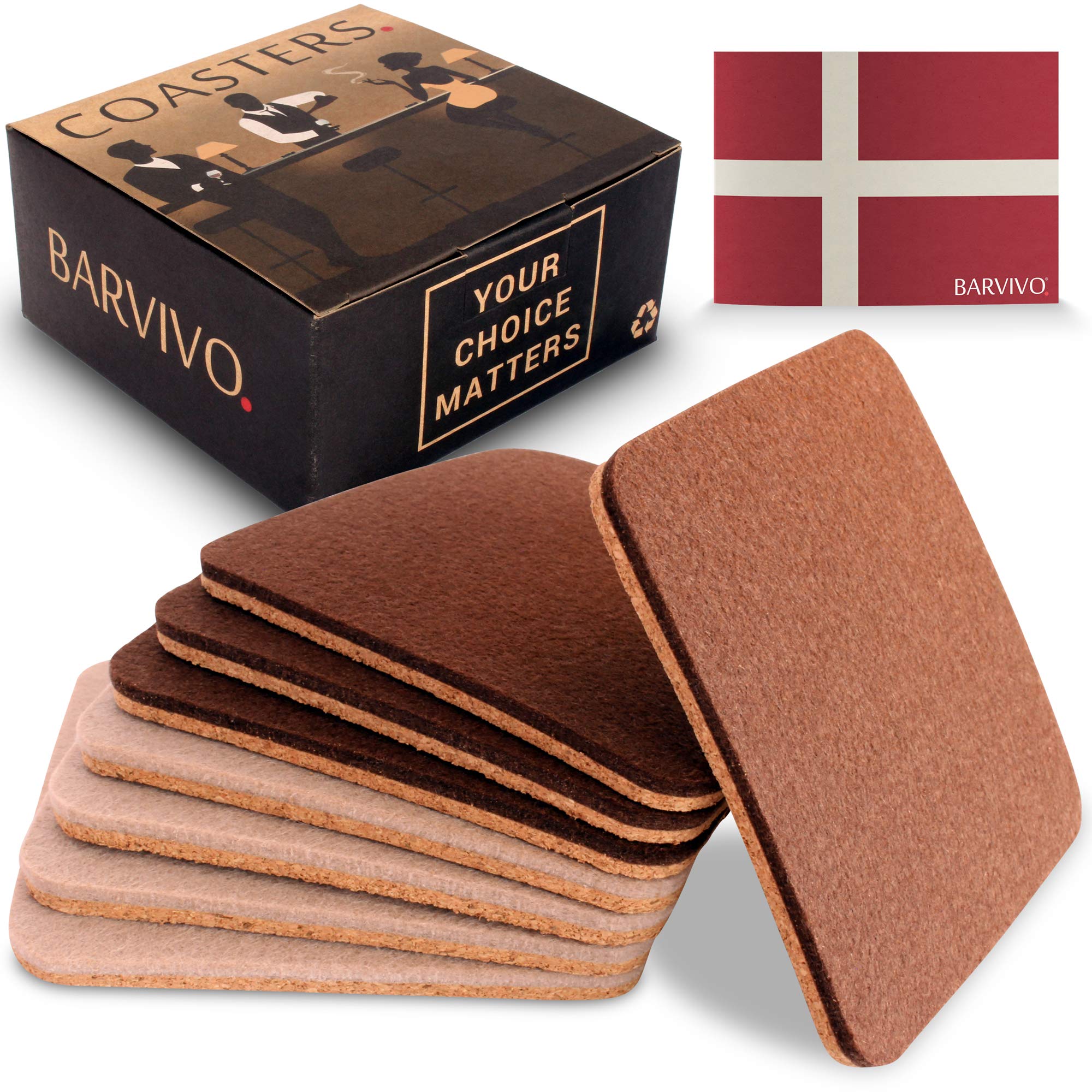 Barvivo 8-Pack Absorbent Drink Coasters - Double Sided Felt & Cork Square Coasters for Coffee Tables - Protects Tabletop from Spills, Stains & Heat - Perfect for Coffee, Tea, Wine & Beverages - Ideal for Home, Office & Restaurant Use - Brown