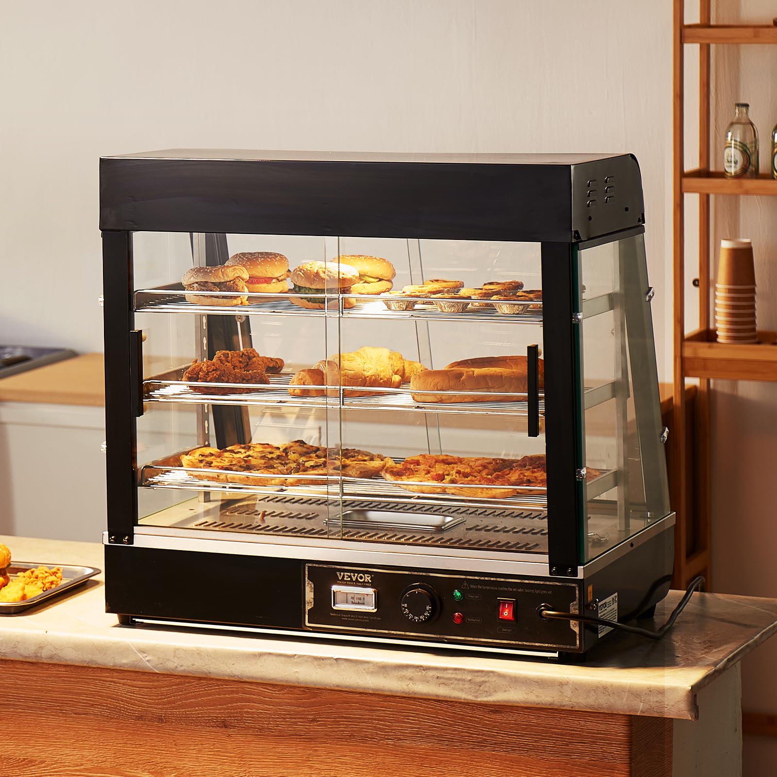 VEVOR 3-Tier Commercial Food Warmer Display - 1200W Electric Food Warmer with LED Light, Adjustable Shelves & Digital Temperature Control (86°F-185°F), 111L Capacity - Perfect for Restaurants, Cafes & Buffets Serving Burgers, Pizza, Bread & Fried Chicken