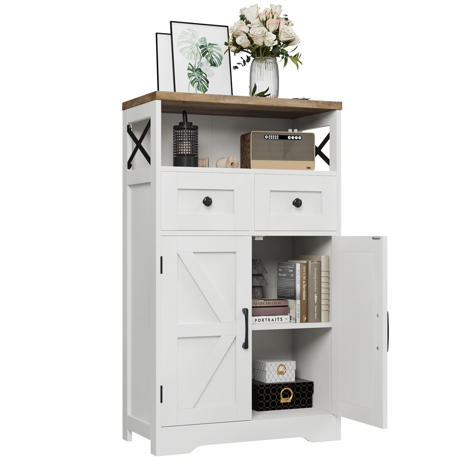 Farmhouse White Storage Cabinet with Doors & Drawers - Freestanding Kitchen Pantry Cabinet, Floor Storage Hutch Cupboard for Kitchen, Laundry, Living Room & Bedroom Organization