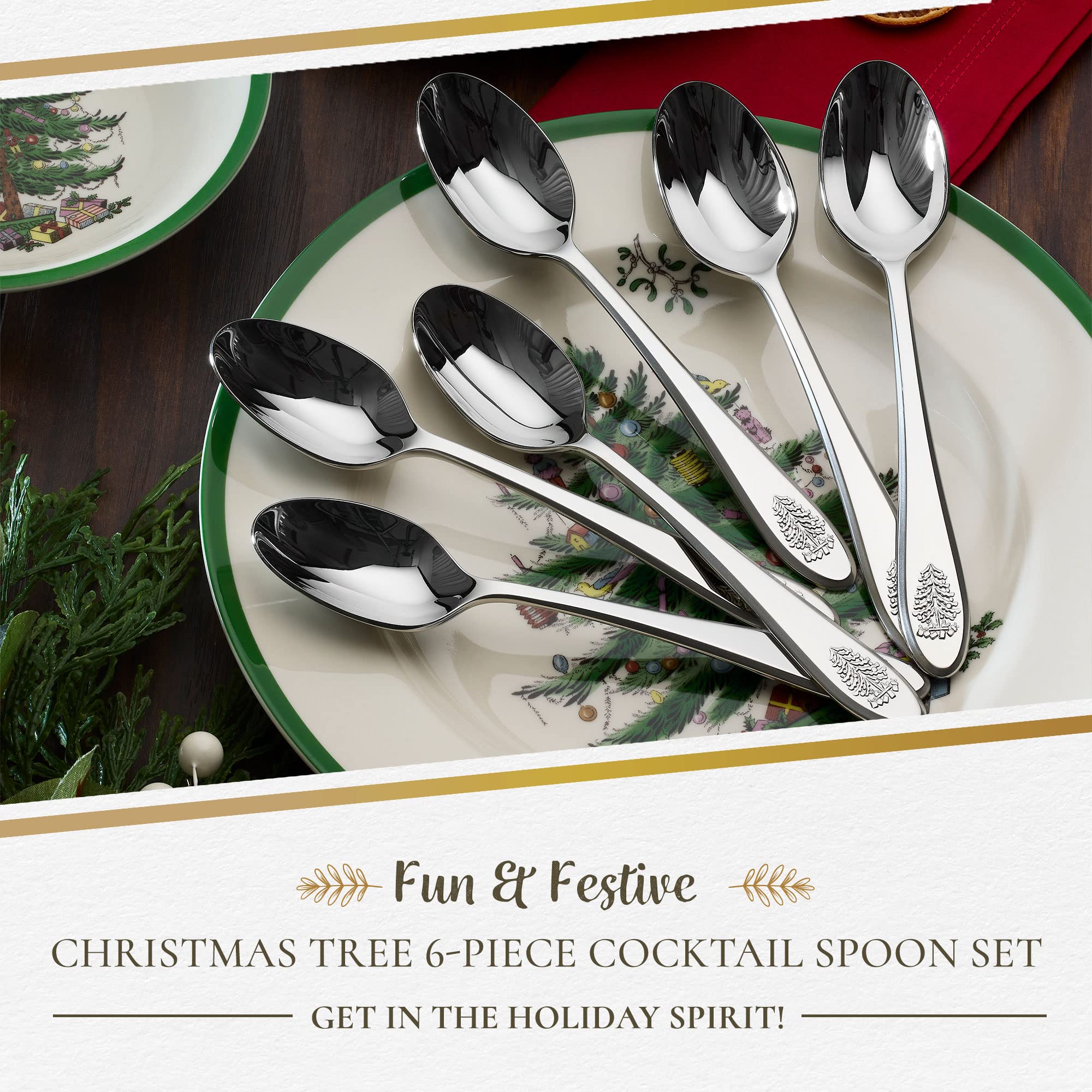 Spode Christmas Tree Cocktail Spoons - 6-Piece Festive Flatware Set - 18/10 Stainless Steel Dessert Spoons for Holiday Parties, Perfect for Custards, Puddings, Cakes & Christmas Treats - Dishwasher Safe - Ideal for Holiday Entertaining & Gift Giving