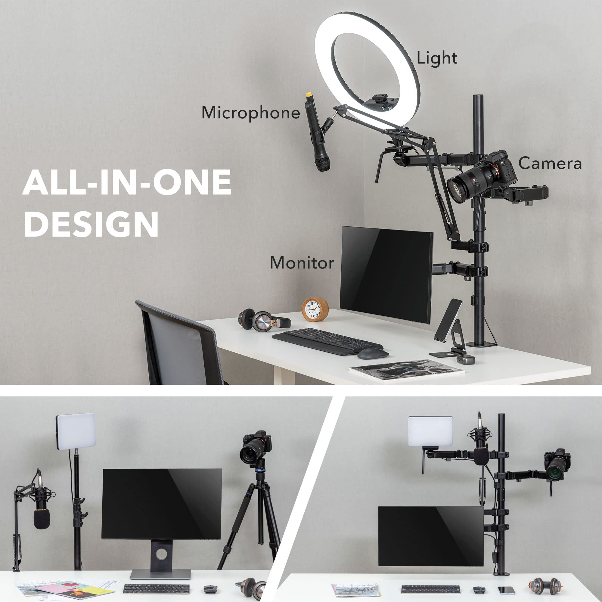 Mount-It! All-in-One Live Streaming Kit - 4 Arm Desk Mount for Monitor, Webcam & Ring Light with Microphone Stand - Perfect YouTube & Facebook Recording Setup for Gamers, Podcasters & Content Creators