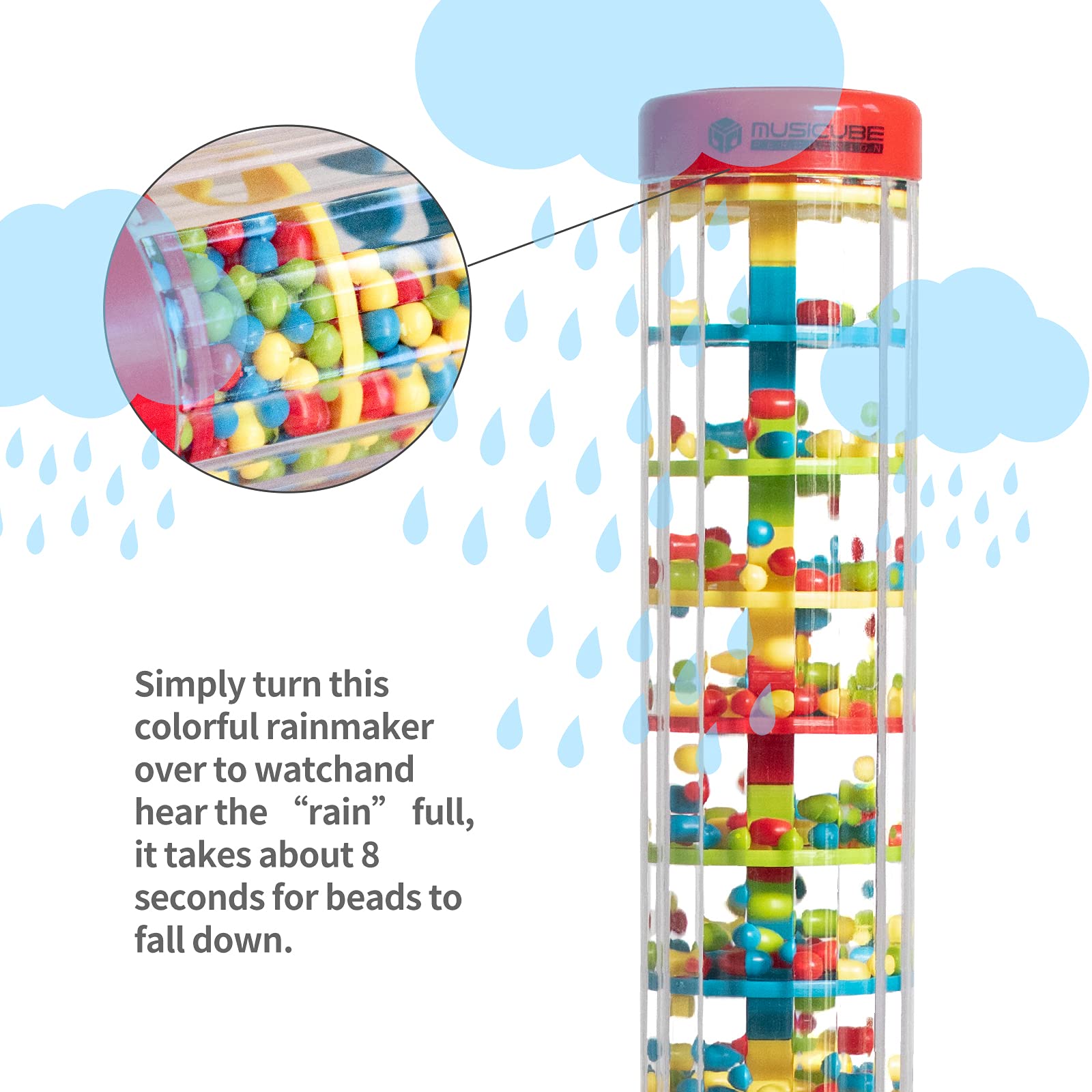 16 Inch Baby Rainmaker Toy - MUSICUBE Rain Stick Musical Instrument for Infants & Toddlers | Sensory Shaker Rattle with Raindrop Sounds | Perfect Musical Toy Gift for Boys & Girls | Great for Early Learning, Sensory Play & Music Development