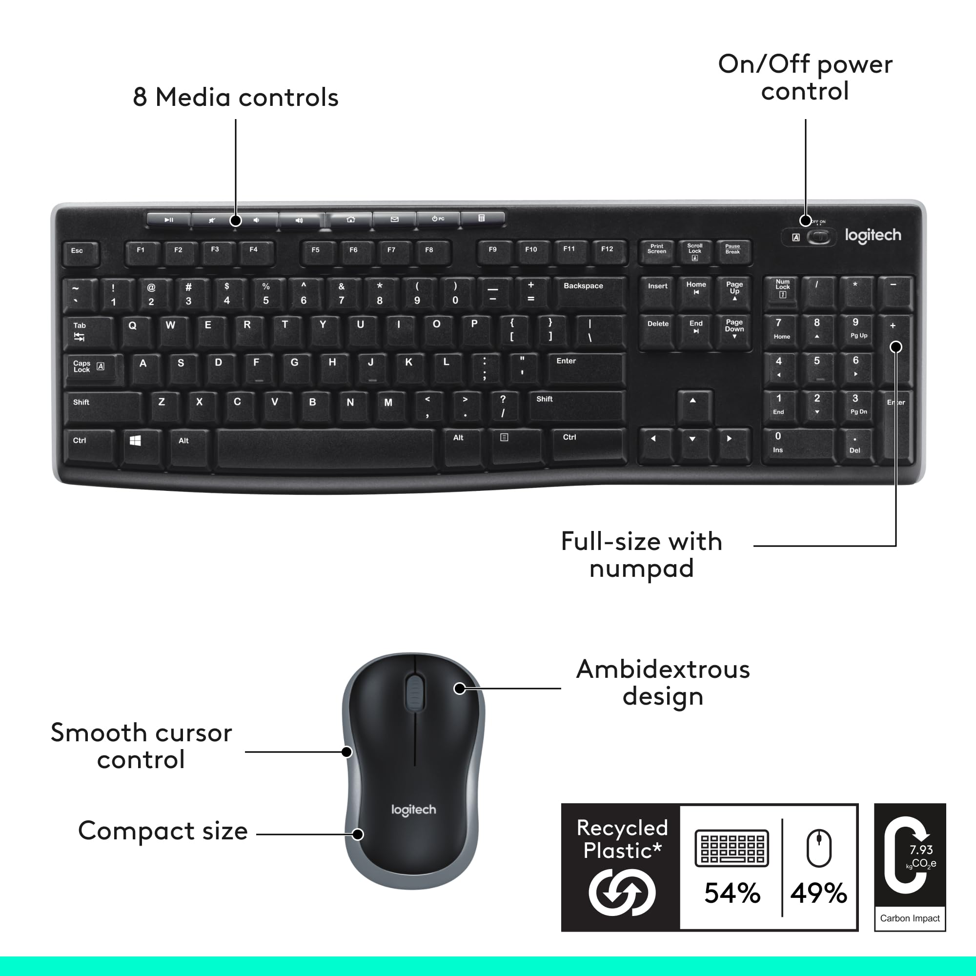 Logitech MK270 Wireless Keyboard and Mouse Combo - 2.4GHz Wireless, Compact Design, 8 Multimedia Keys for Windows PC & Laptop (Black) - Perfect for Home Office, Gaming, and Remote Work