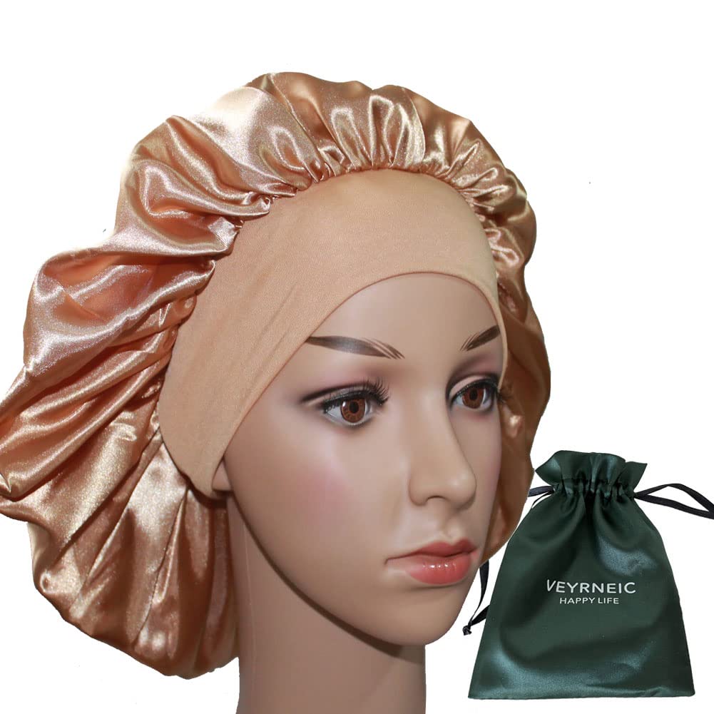 VEYRNEIC Satin Sleep Bonnet for Women - Wide Elastic Band Silk Night Cap for Braids & Natural Hair - Shower & Chemo Cap with Storage Bag (Gold) | Perfect for Nighttime, Travel & Hair Protection