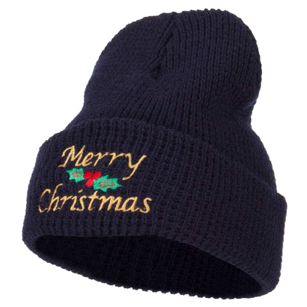 Merry Christmas Mistletoe Embroidered Stretchy Waffle Cuff Beanie Hat - Cozy Winter Knit Cap for Holiday Parties & Outdoor Activities - e4Hats.com