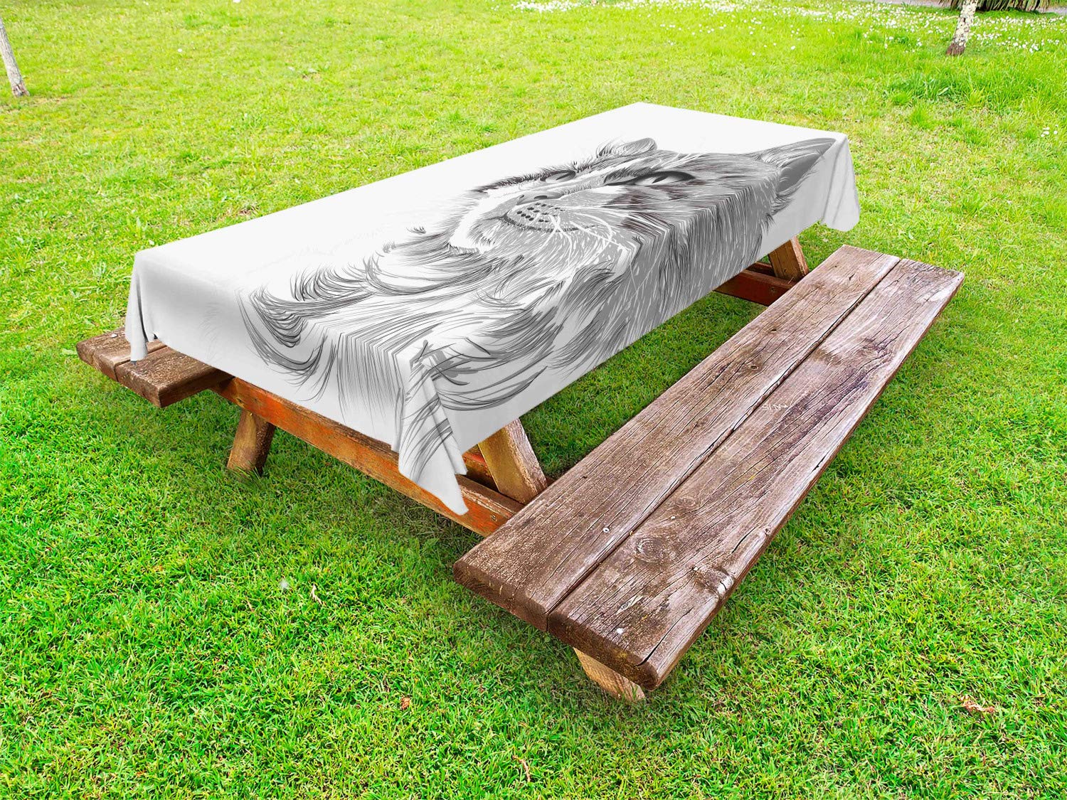 Ambesonne Cat Portrait Outdoor Tablecloth - Waterproof Washable Picnic Table Cover 58x104 Inches, Grey White Animal Print - Perfect for Backyard BBQs, Garden Parties & Pet-Themed Events
