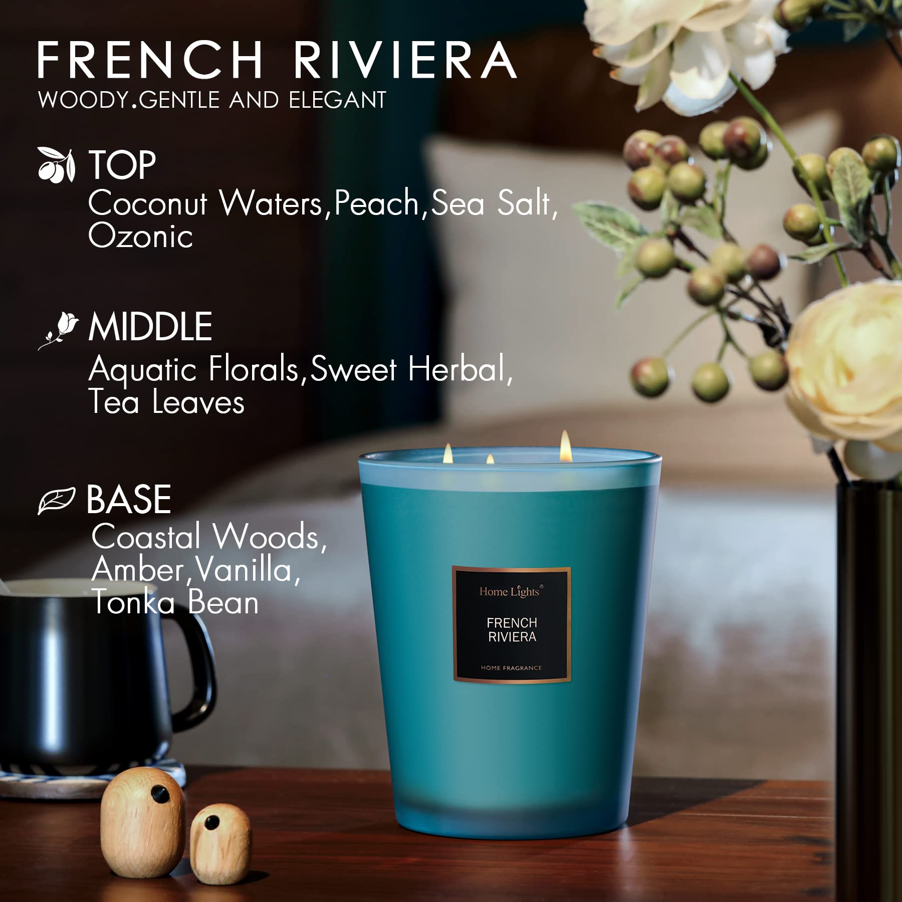 HomeLights Scented Candles - 33.3oz Large Jar Aromatherapy Soy Candle with 3 Cotton Wicks | 130-Hour Burn Time | French Riviera Fragrance | Home Decor & Relaxation Gift for Spa, Bedroom & Living Room
