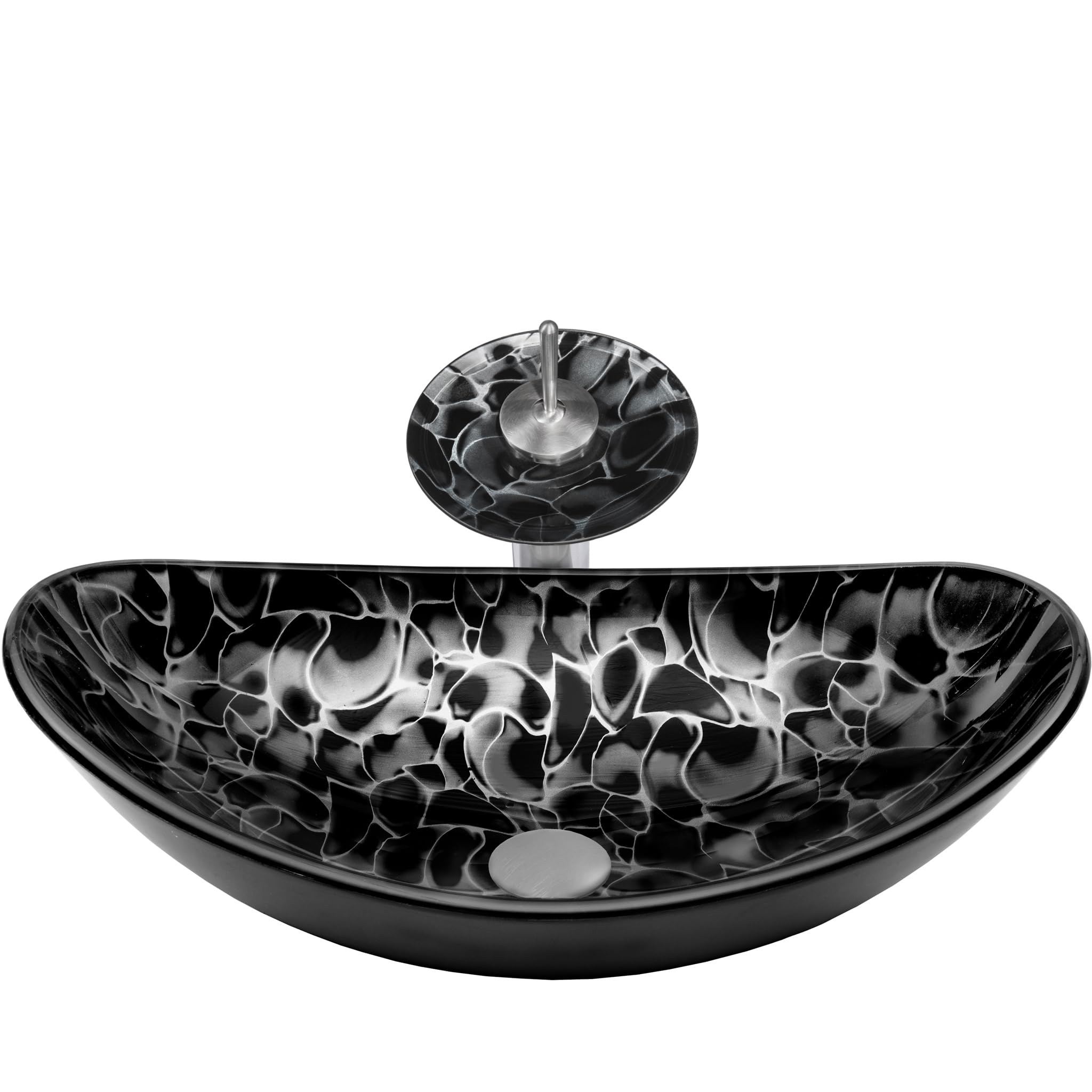 Novatto TARTARUGA Oval Glass Vessel Bathroom Sink Set with Brushed Nickel Faucet - Modern Vanity Sink for Bathroom, Powder Room, and Guest Bath Decor