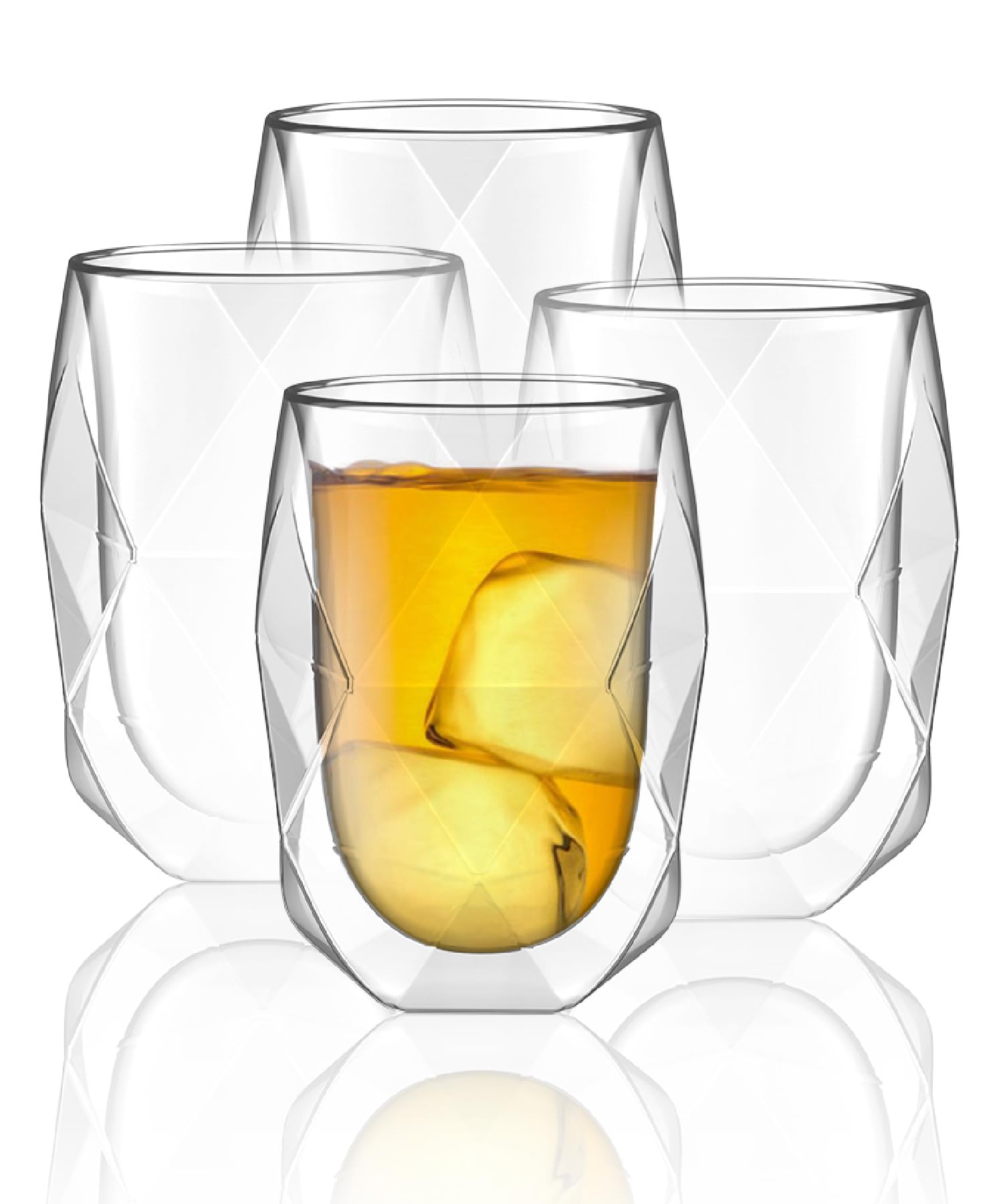 BTaT- 12oz Double Wall Insulated Glass Coffee Mug Set of 4 - Diamond Shape Clear Cups for Hot & Cold Drinks - Perfect for Coffee, Tea, Latte at Home, Office or Travel