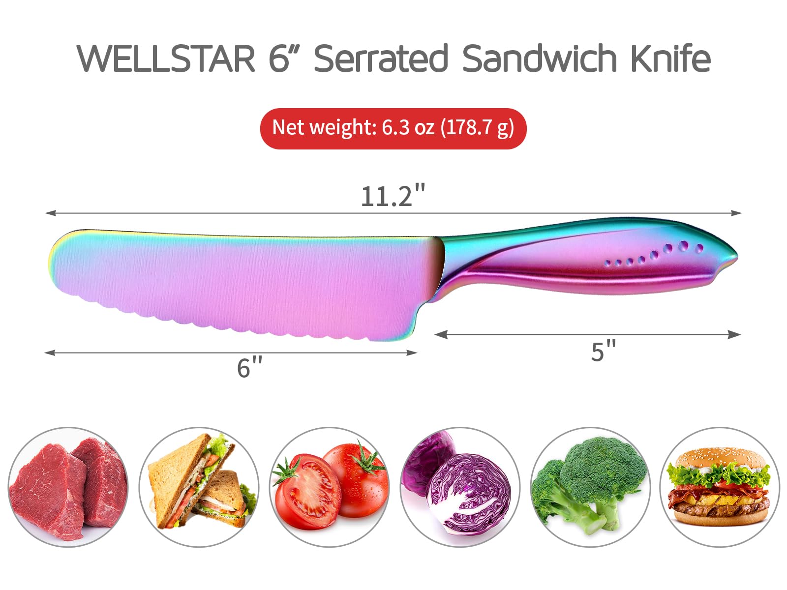 WELLSTAR 6 Inch Serrated Utility Knife - High Carbon Stainless Steel Blade for Cutting Bread, Vegetables, Meat - Rainbow Butter Spreader Knife | Perfect for Kitchen, Picnics, Camping & BBQ Parties