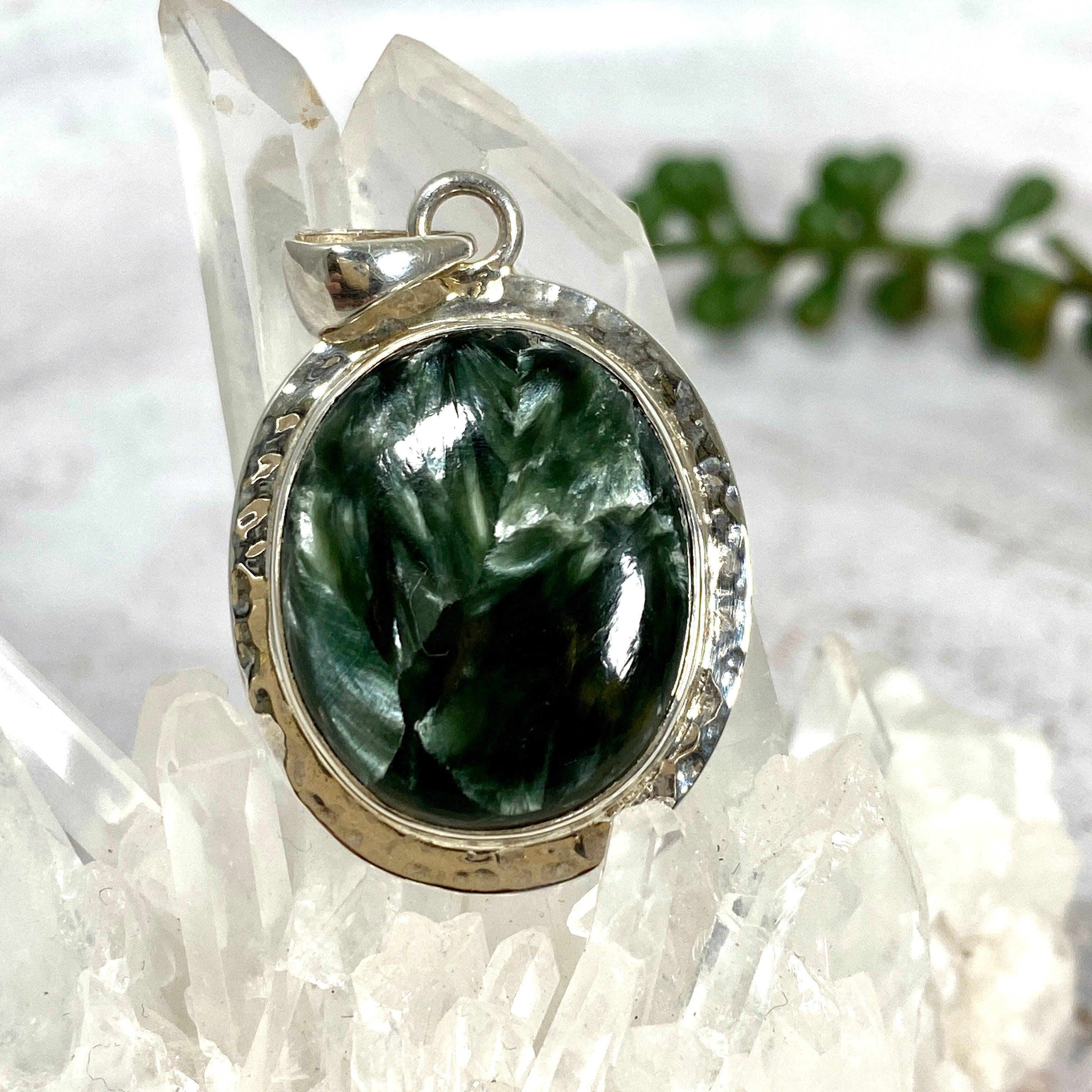 Natural Seraphinite Oval Cabochon Pendant with Handcrafted Beaten Banding - KPGJ2511 | Healing Crystal Jewelry for Meditation & Spiritual Gifts