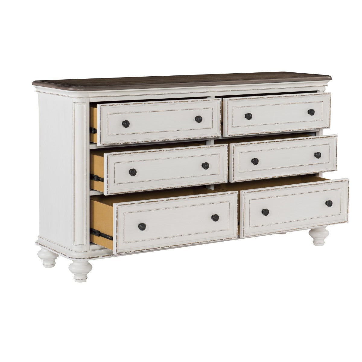 Antique White & Brown Gray Oak Veneer Dresser with 6 Drawers - Vintage Style Bedroom Furniture for Storage & Organization